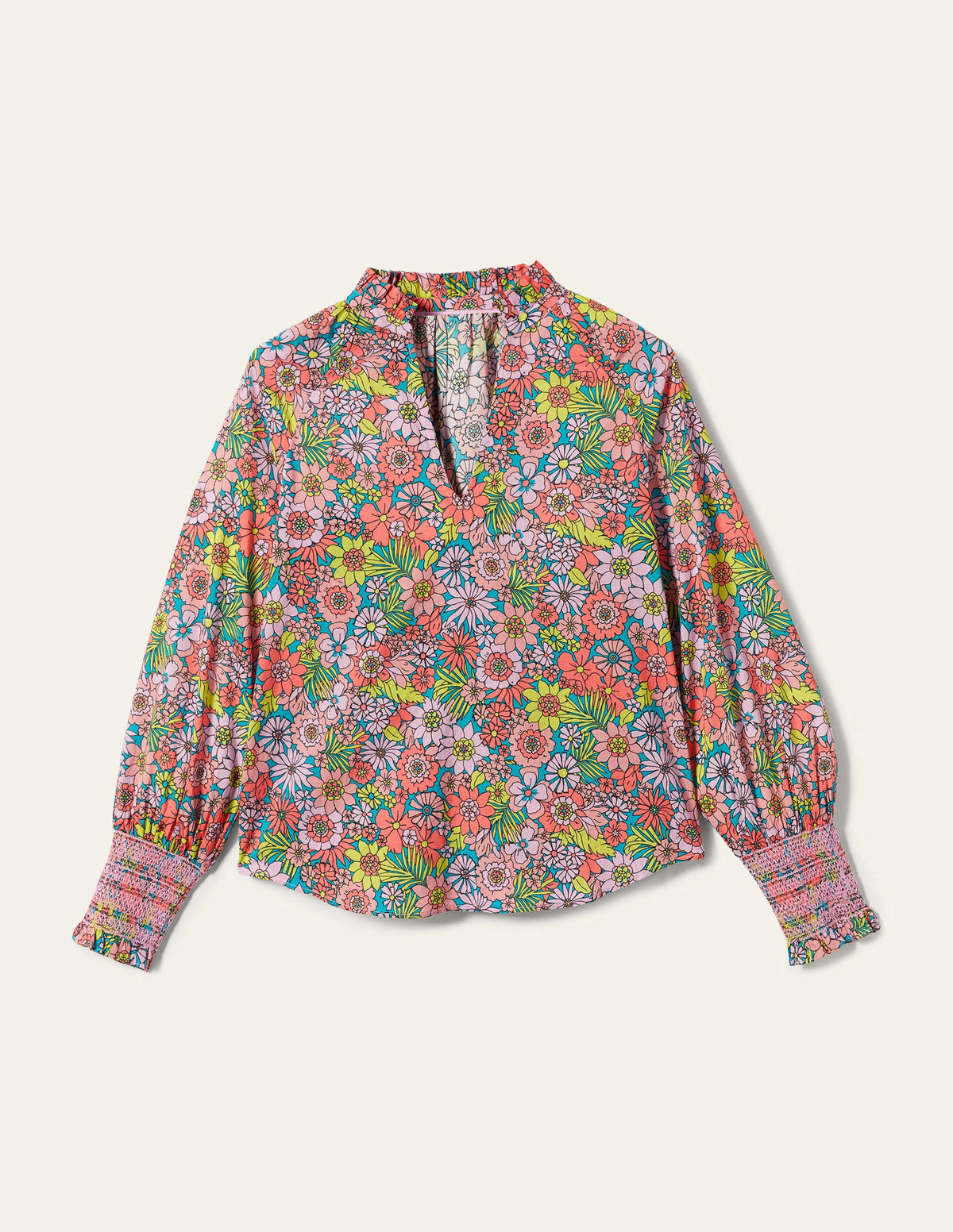 Smocked Cuff Printed Top-Bonbon Pink, Bloom Garden-9