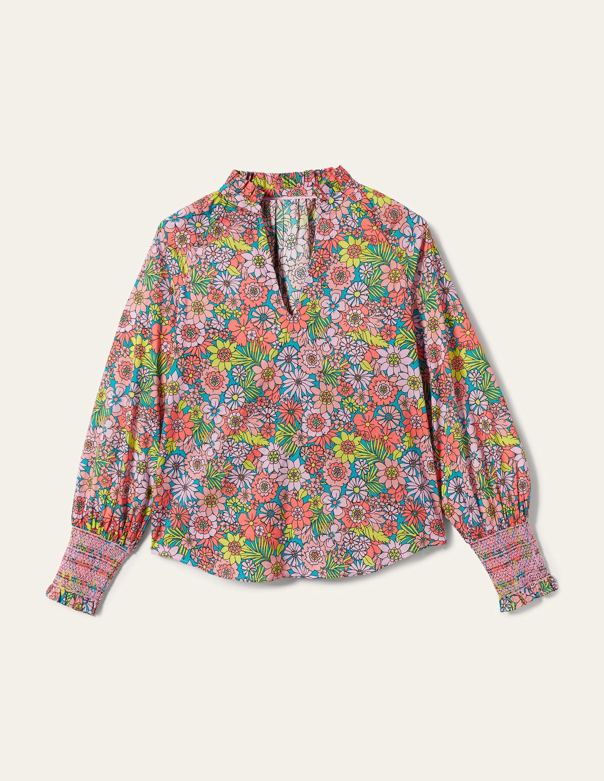 Smocked Cuff Printed Top-Bonbon Pink, Bloom Garden - Image 9