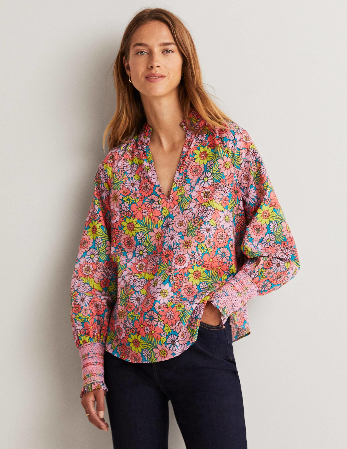 Smocked Cuff Printed Top-Bonbon Pink, Bloom Garden - Image 5