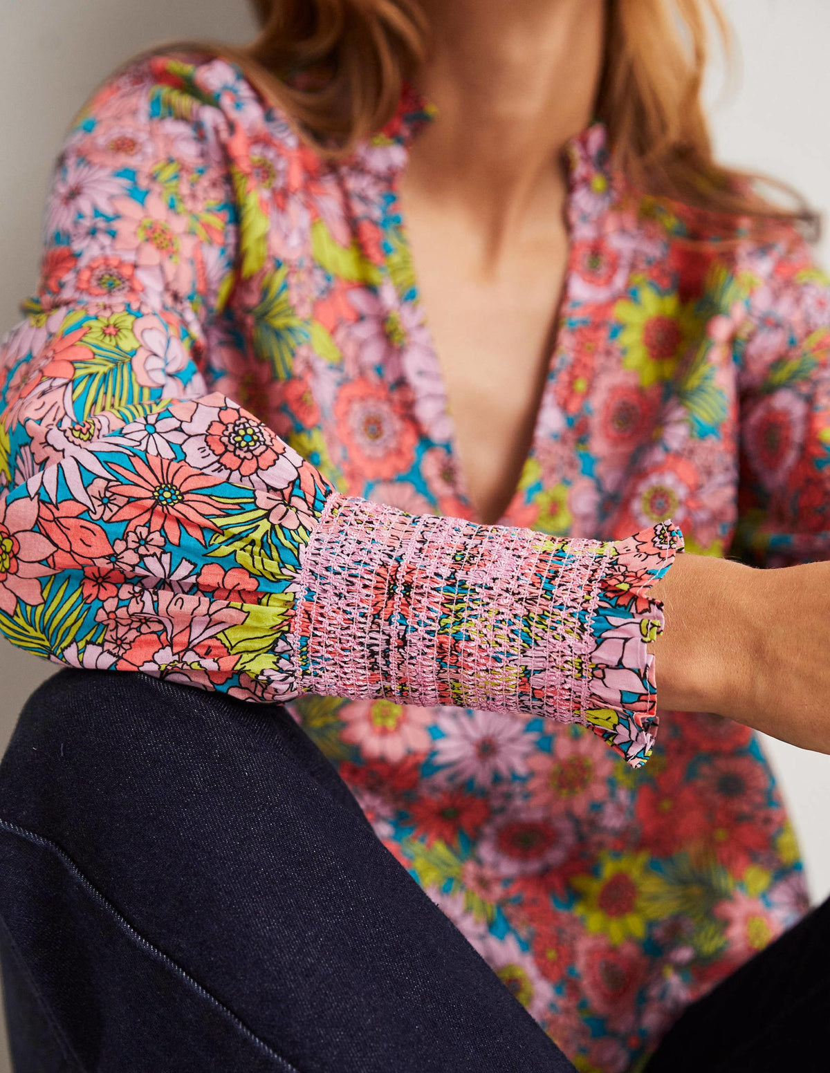 Smocked Cuff Printed Top-Bonbon Pink, Bloom Garden-2
