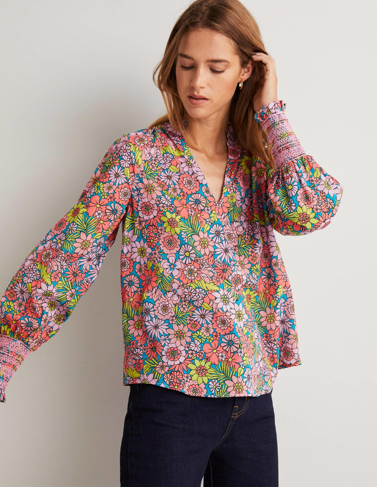 Smocked Cuff Printed Top-Bonbon Pink, Bloom Garden - Image 4