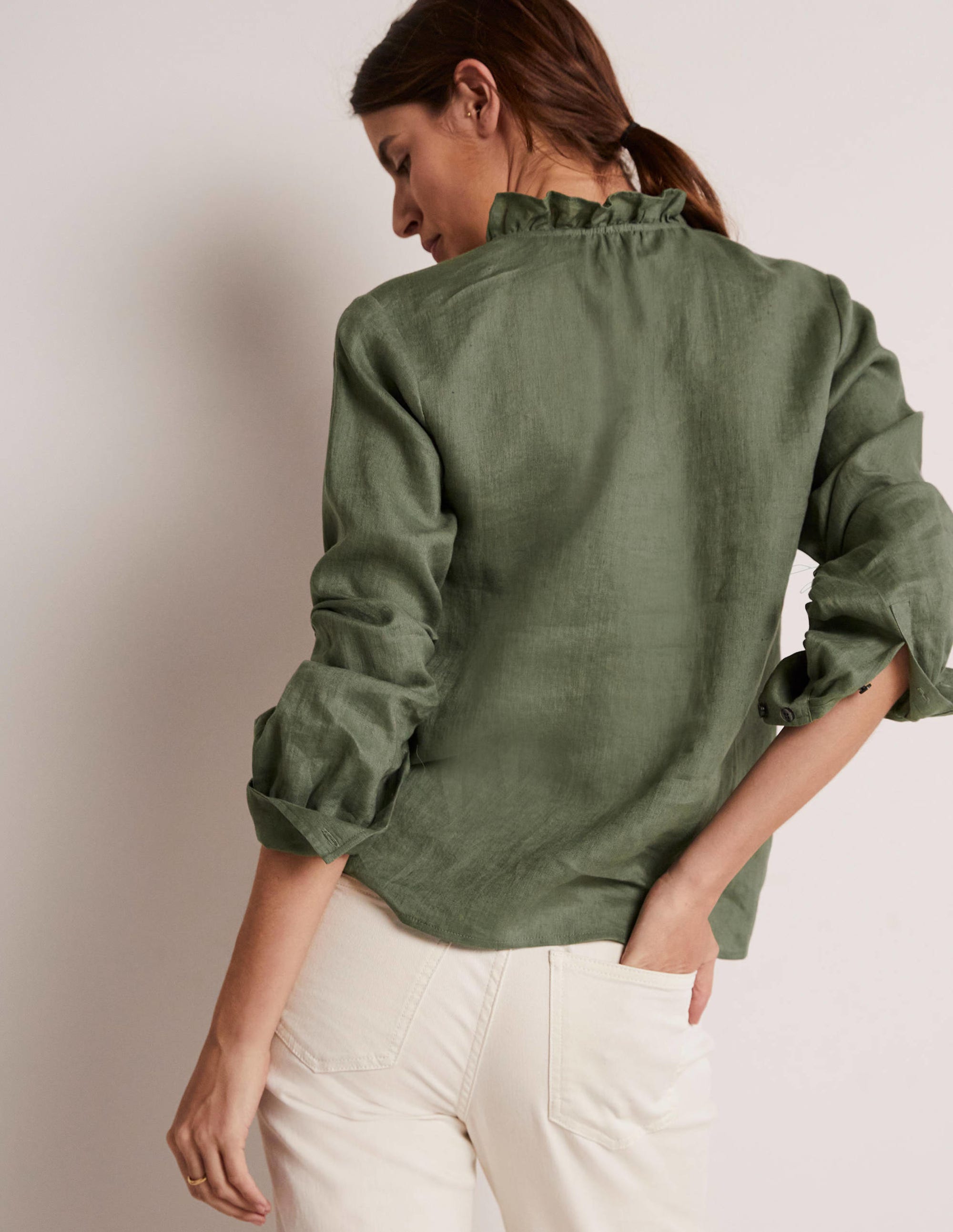 Ruffle Linen Popover Blouse-Alder Green - Image 9