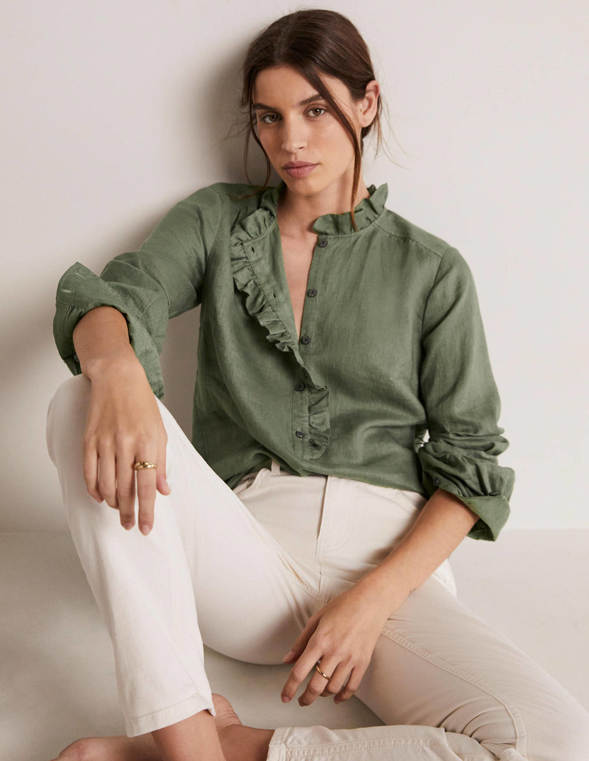 Ruffle Linen Popover Blouse-Alder Green - Image 10