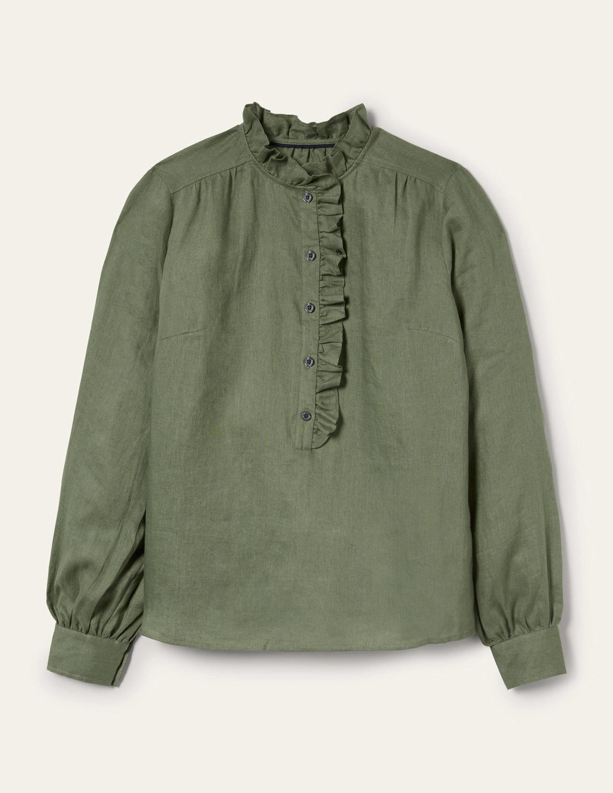 Ruffle Linen Popover Blouse-Alder Green - Image 12