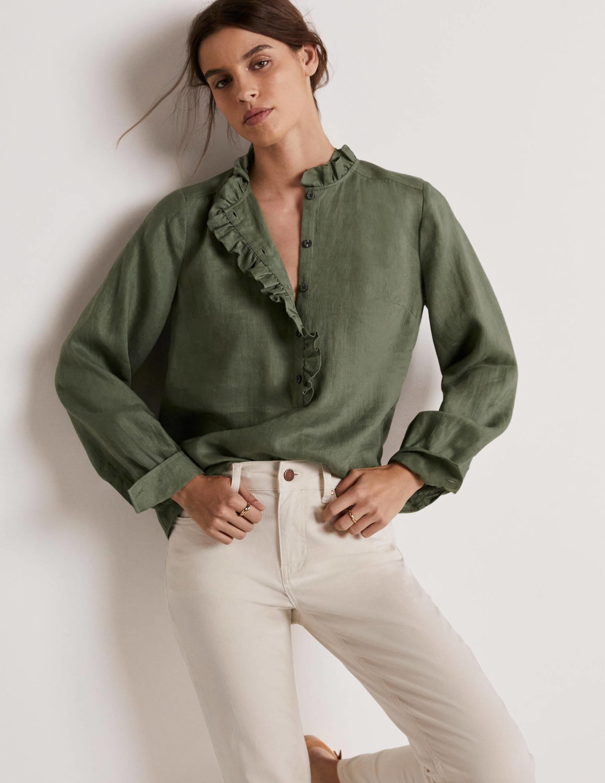 Ruffle Linen Popover Blouse-Alder Green - Image 1