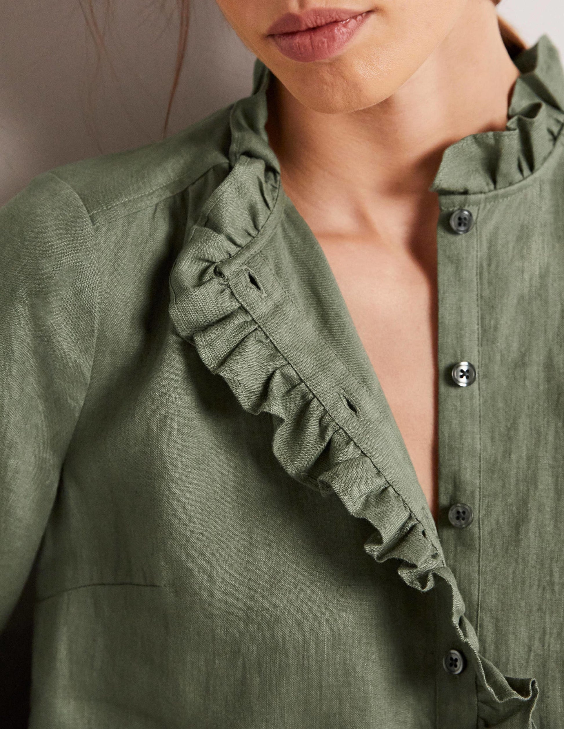 Ruffle Linen Popover Blouse-Alder Green-2