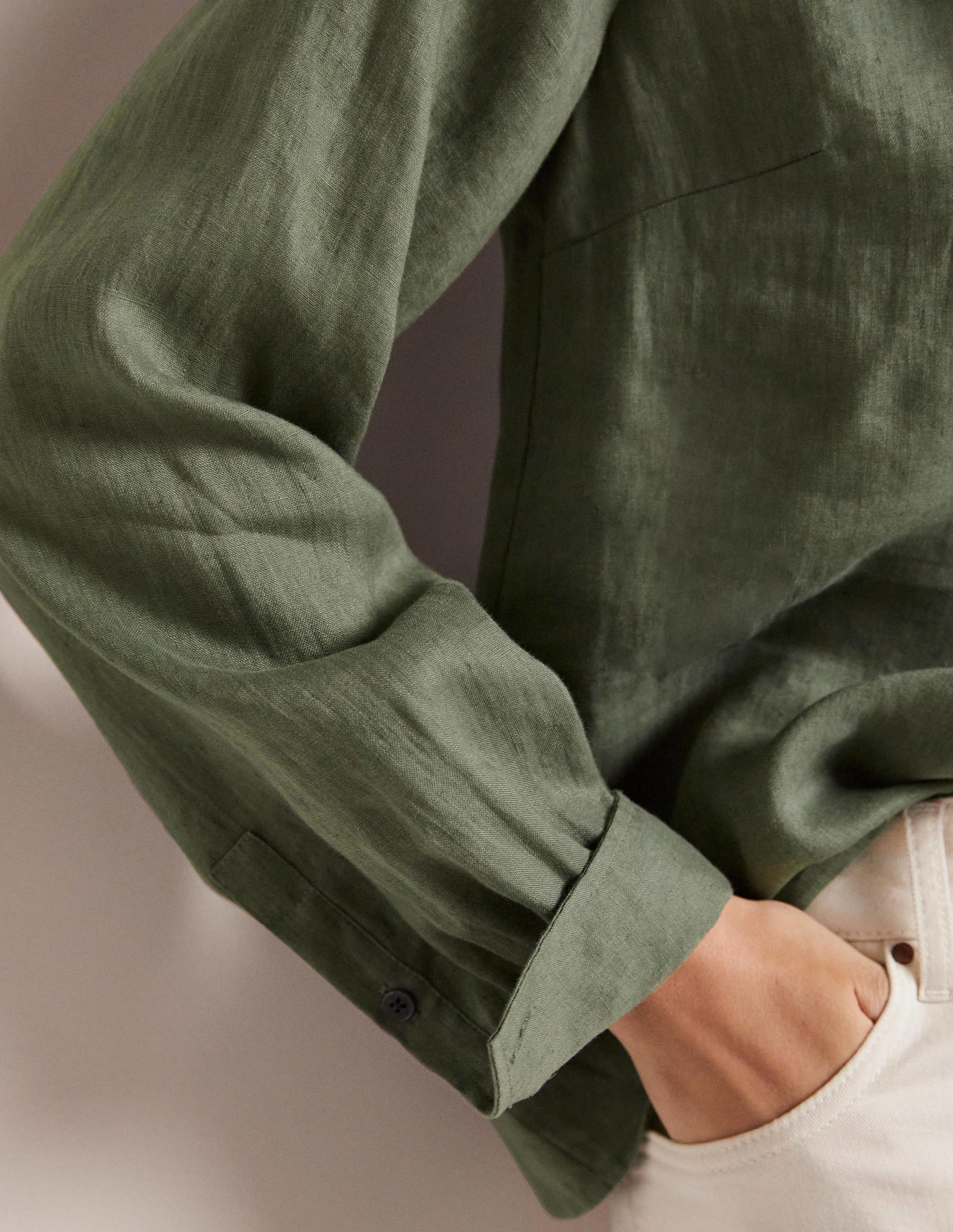 Ruffle Linen Popover Blouse-Alder Green-5