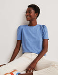 Puff Sleeve Cotton T-Shirt-Riviera Blue
