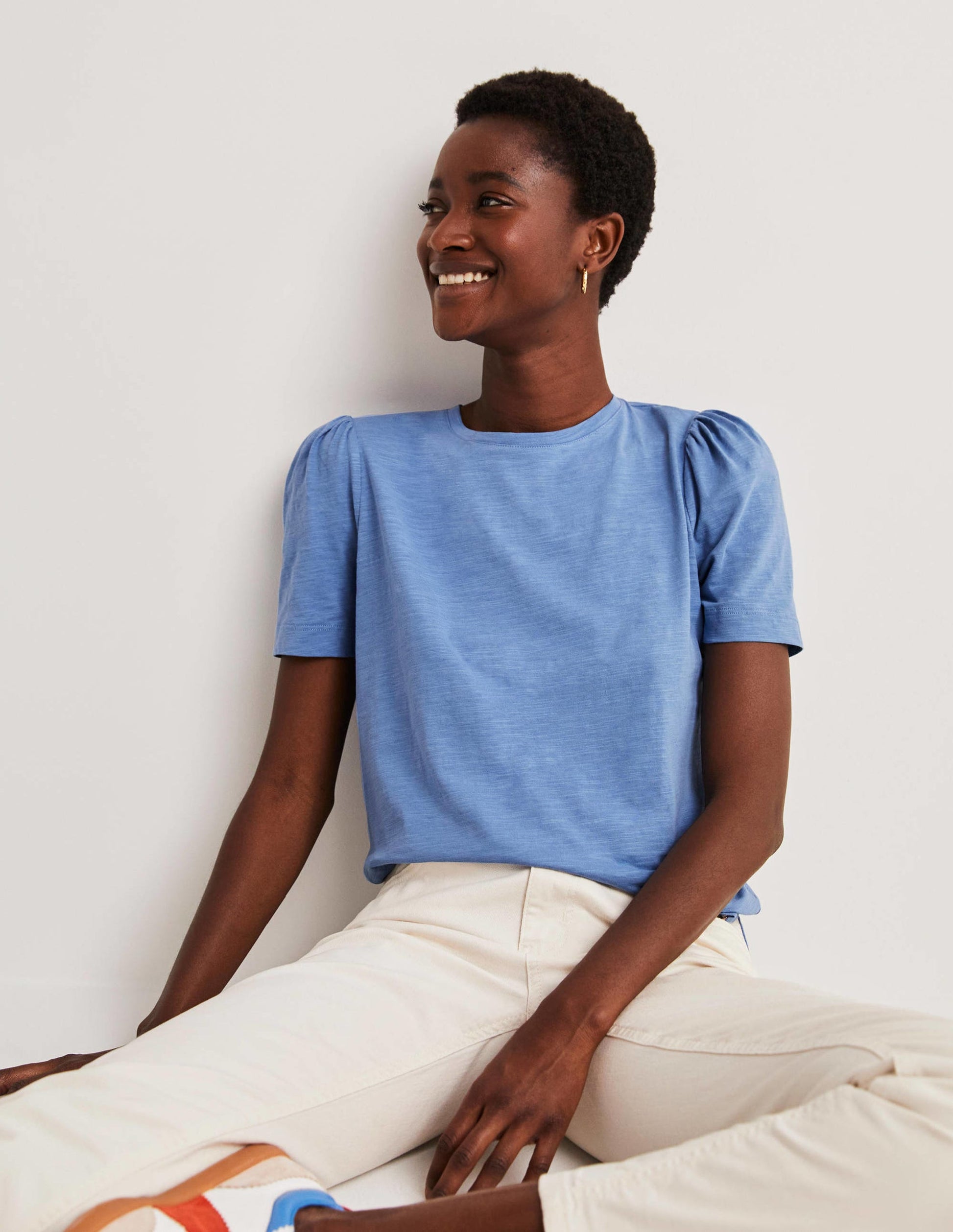 Puff Sleeve Cotton T-Shirt-Riviera Blue-1