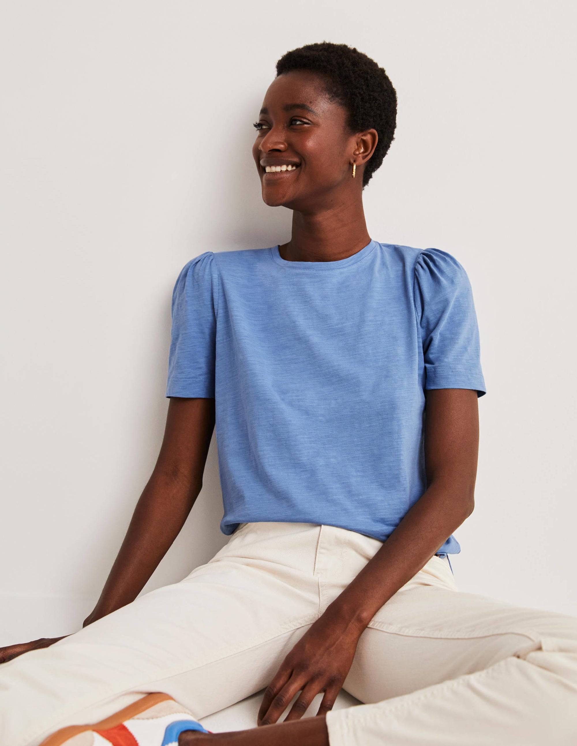 Puff Sleeve Cotton T-Shirt-Riviera Blue - Image 1