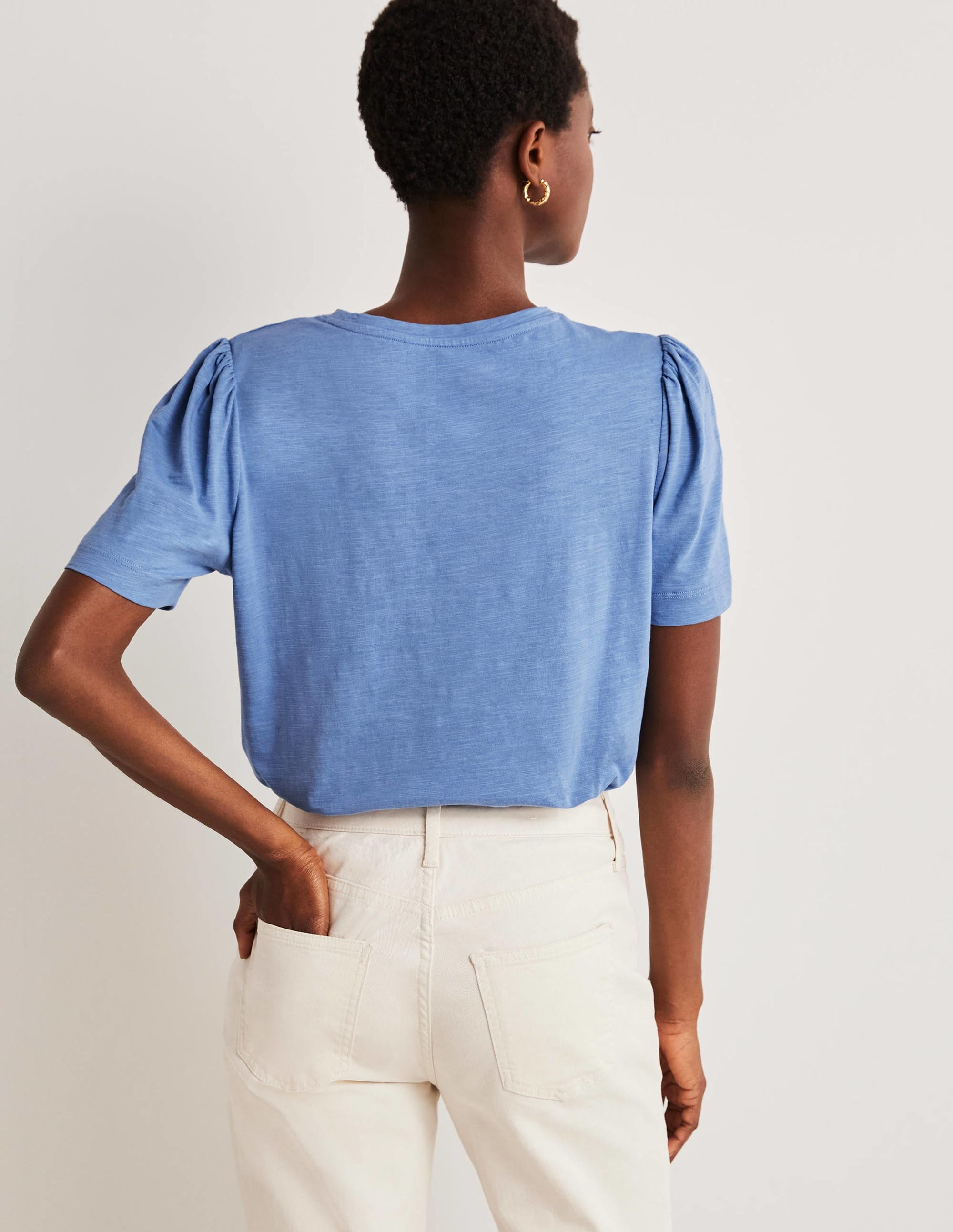 Puff Sleeve Cotton T-Shirt-Riviera Blue - Image 3