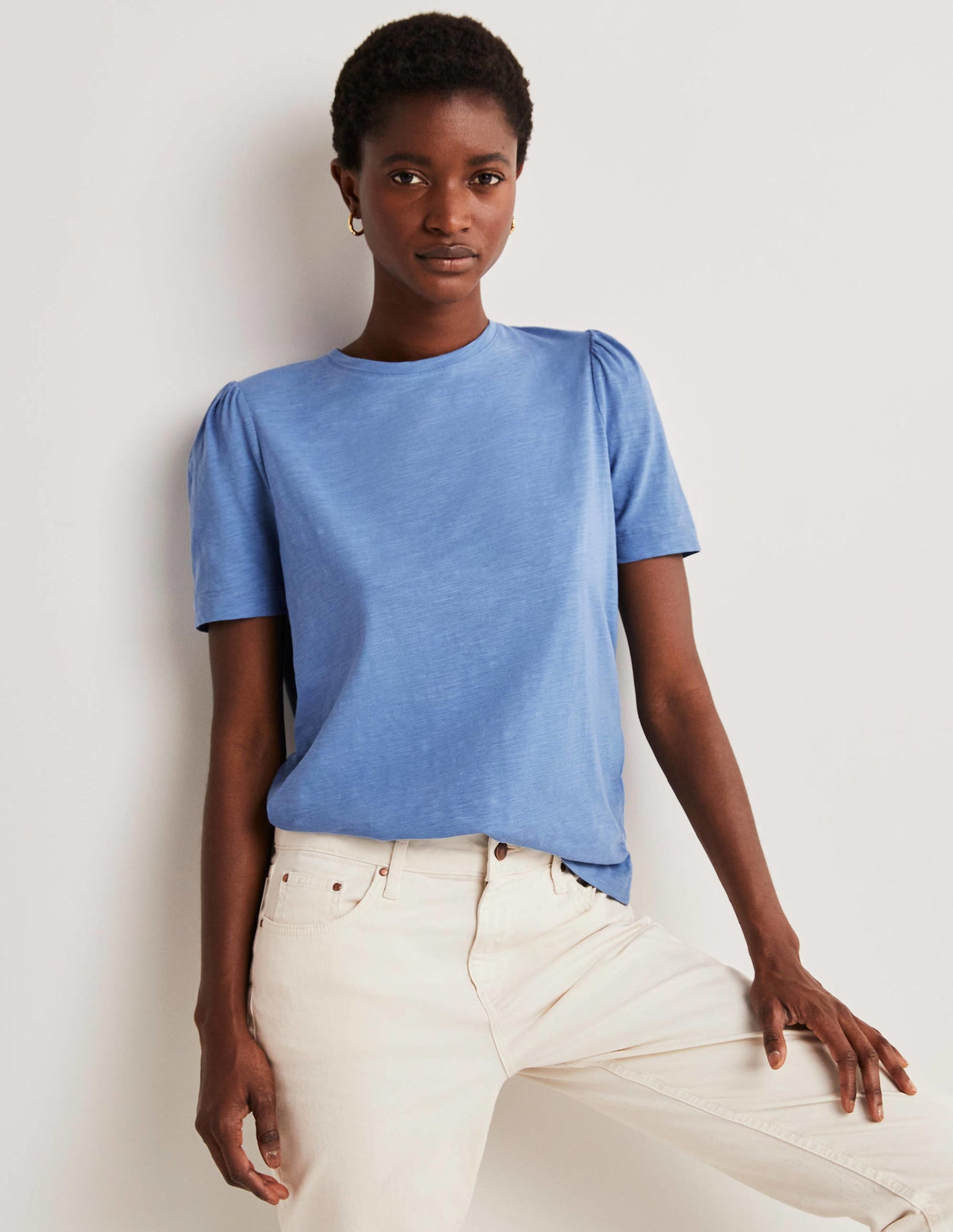 Puff Sleeve Cotton T-Shirt-Riviera Blue-4