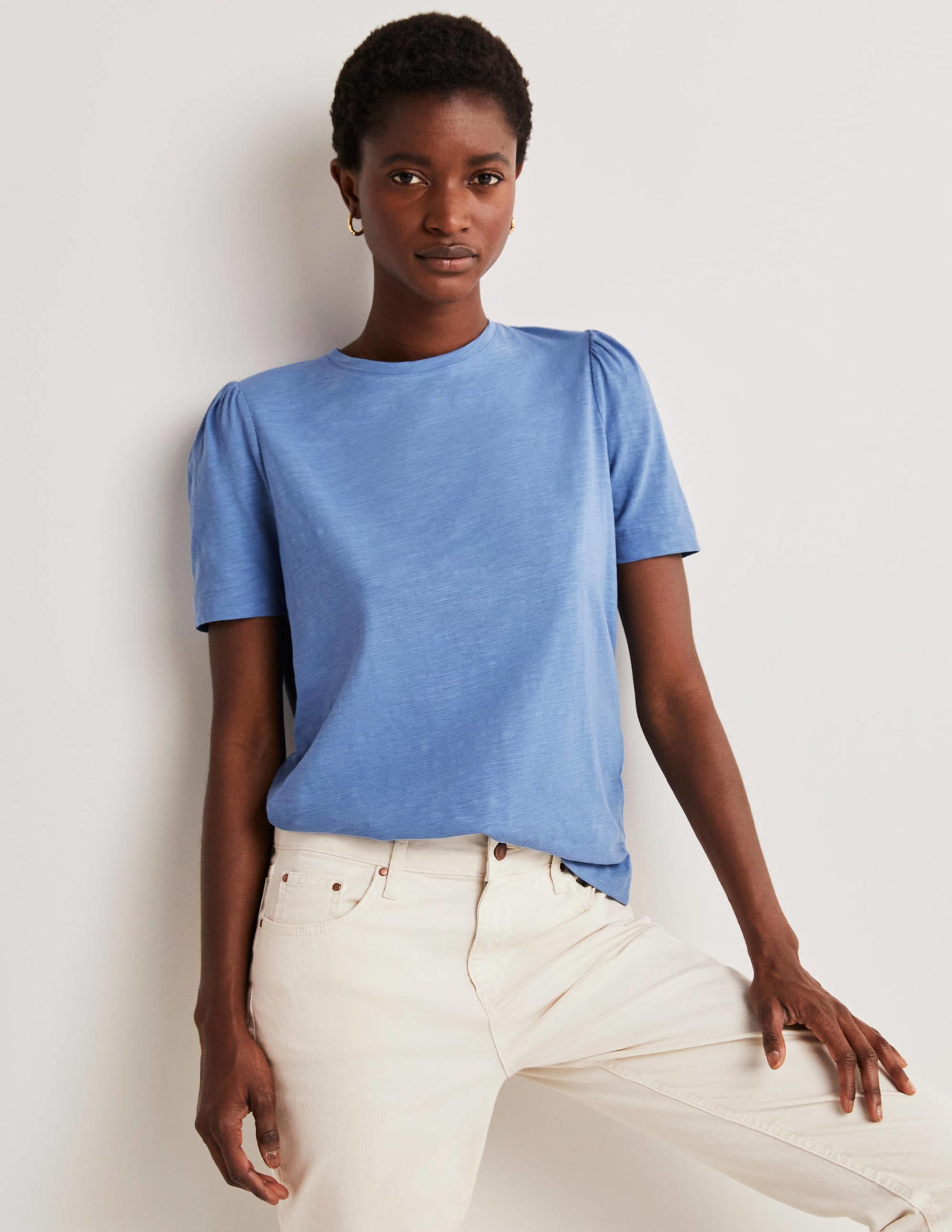 Puff Sleeve Cotton T-Shirt-Riviera Blue - Image 4