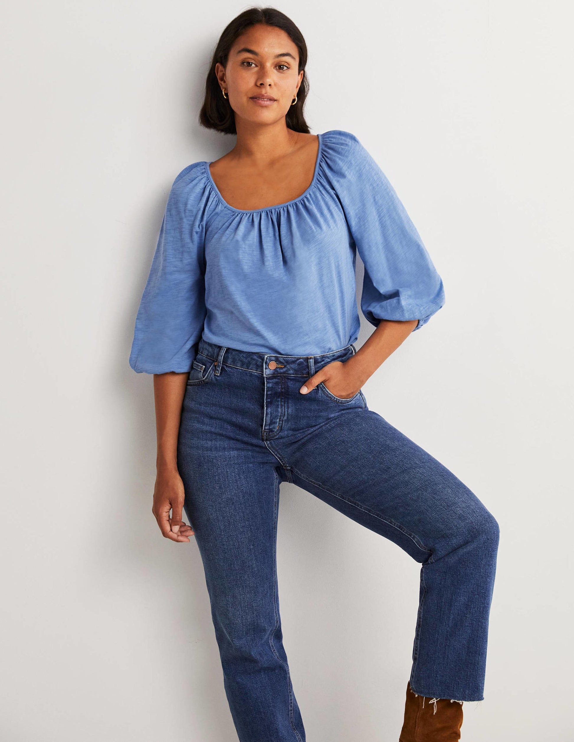 Blouson Sleeve Cotton Top-Riviera Blue-1