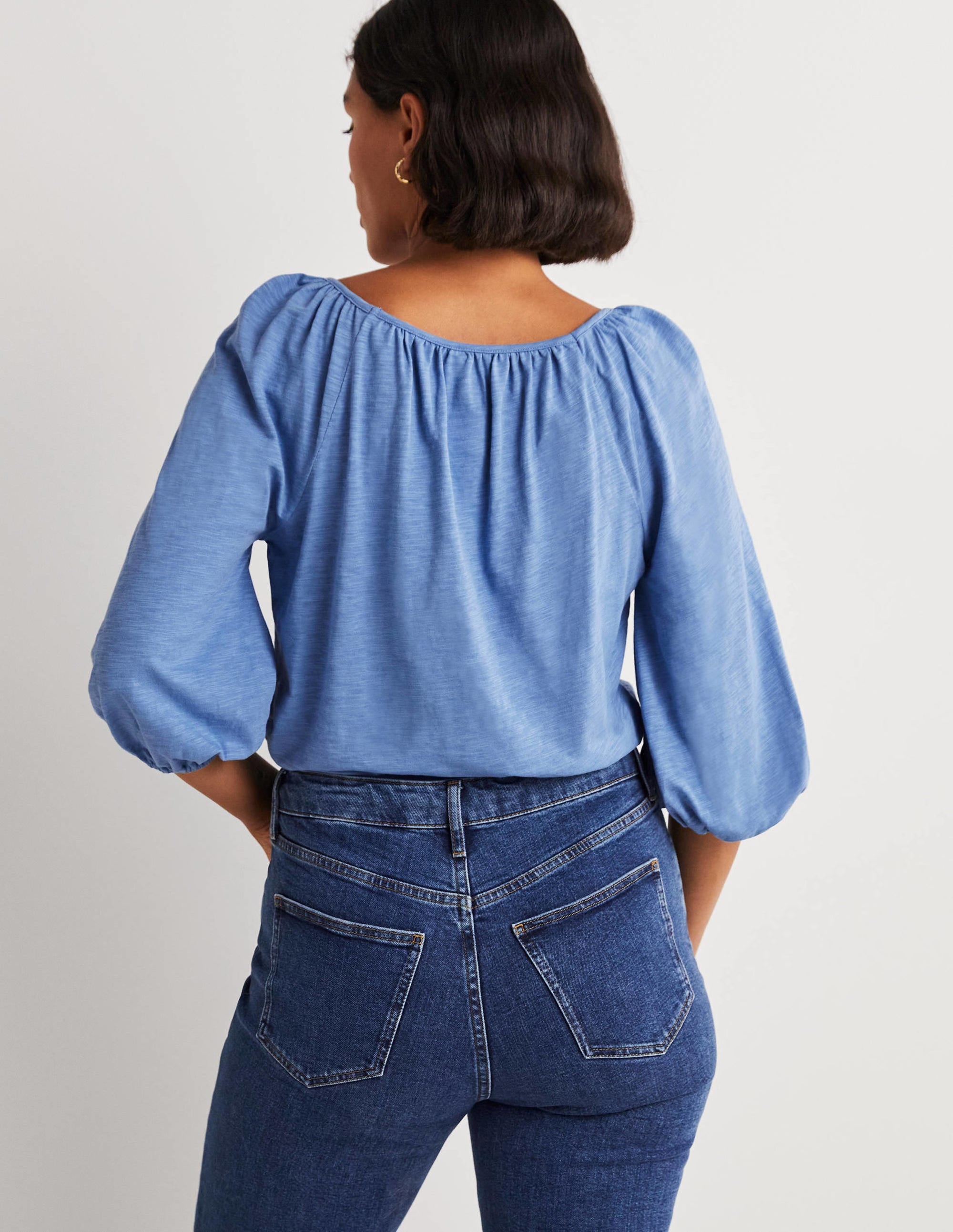 Blouson Sleeve Cotton Top-Riviera Blue - Image 3