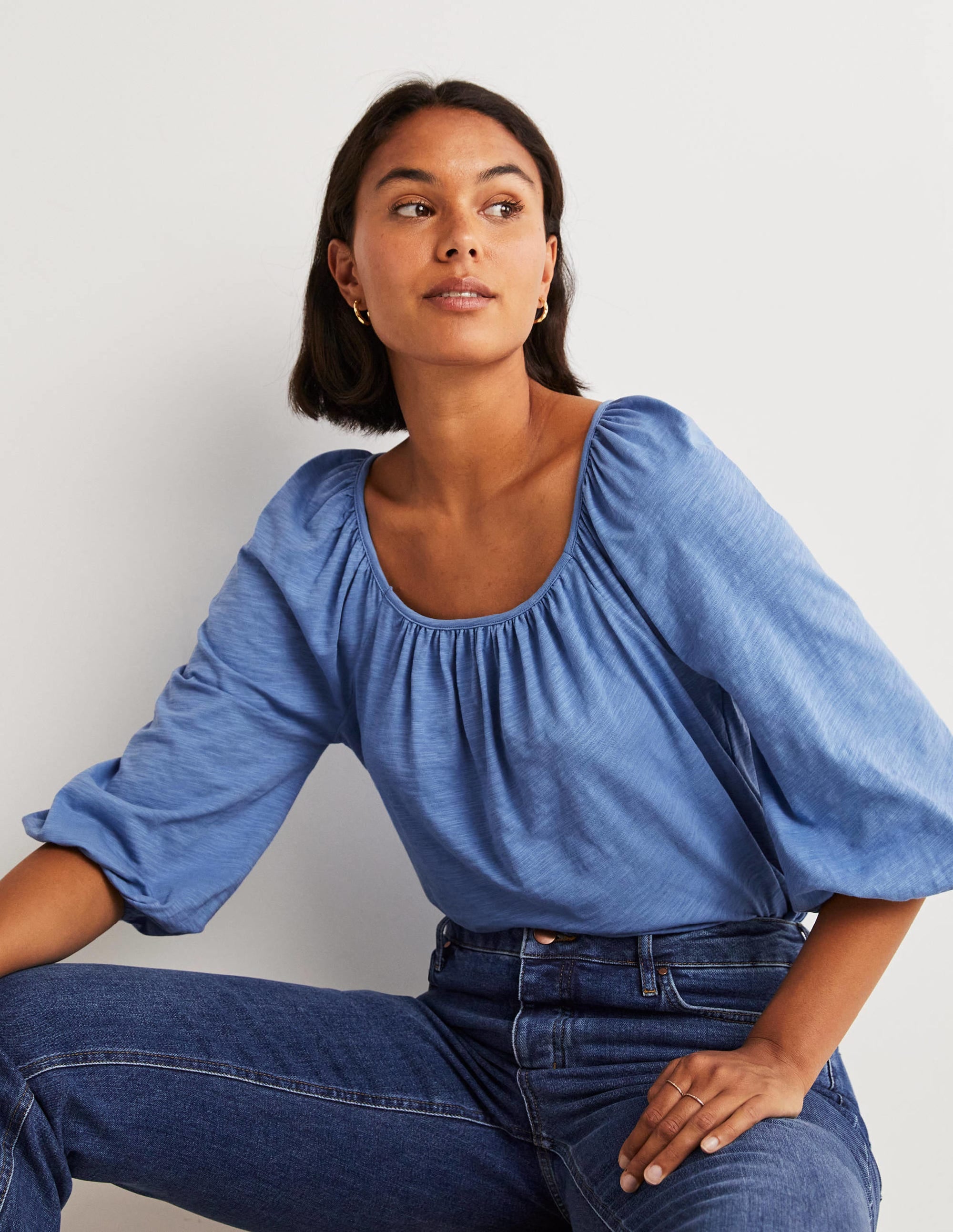 Blouson Sleeve Cotton Top-Riviera Blue - Image 4