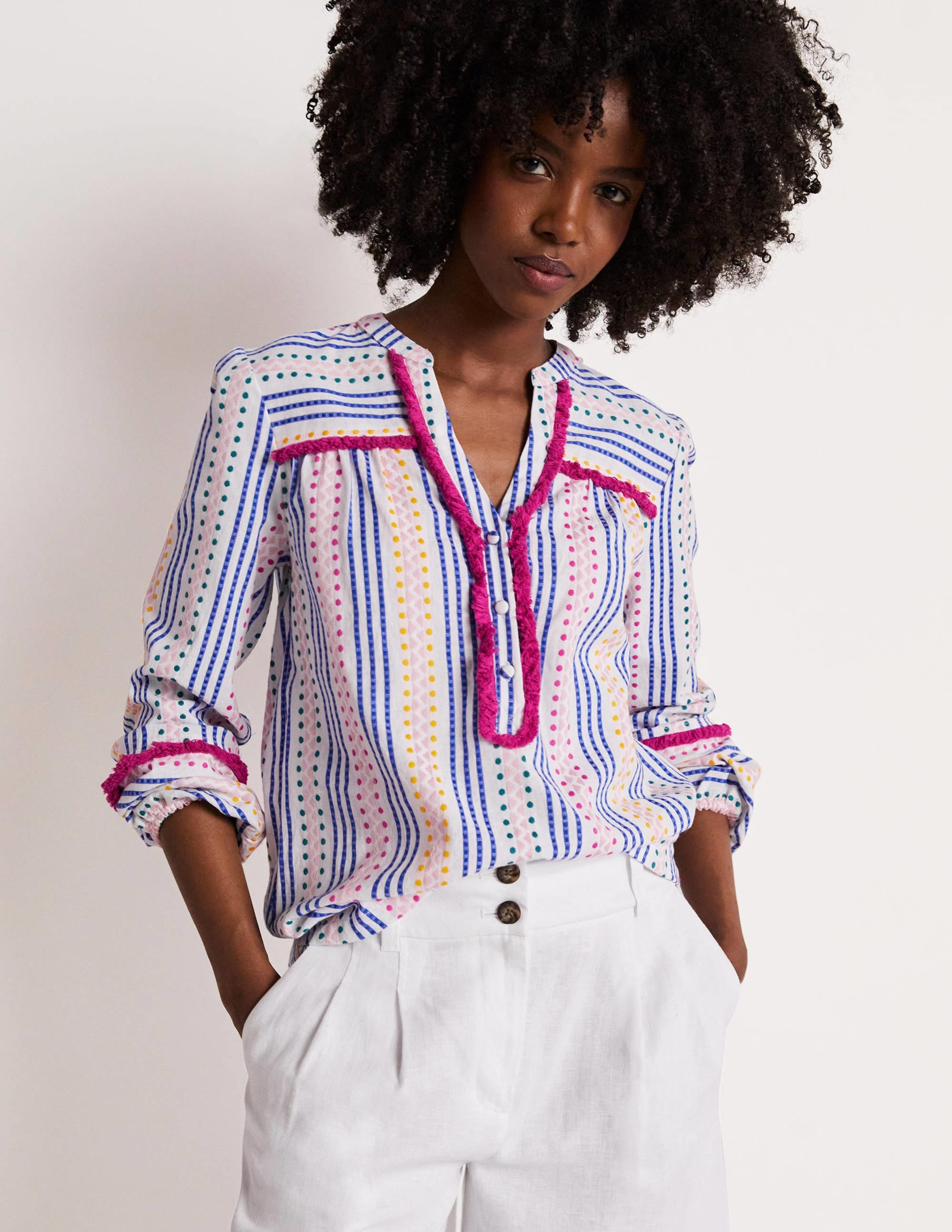 Trim Detail Cotton Top-Multi Dobby Stripe - Image 5