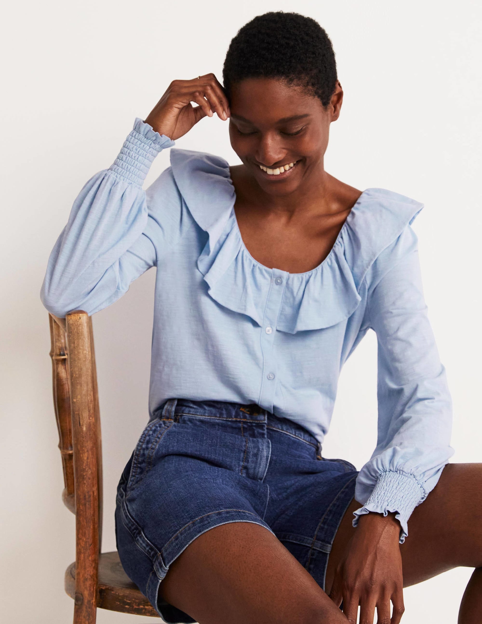 Scoop Frill Neck Jersey Top-Brunnera Blue - Image 1