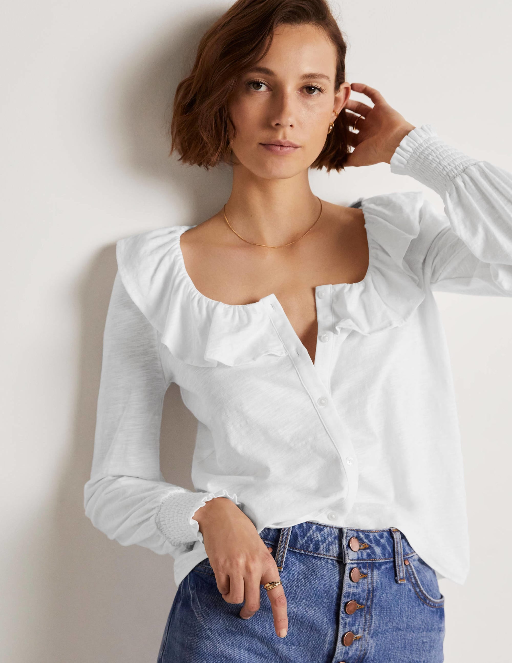 Scoop Frill Neck Jersey Top-White - Image 5