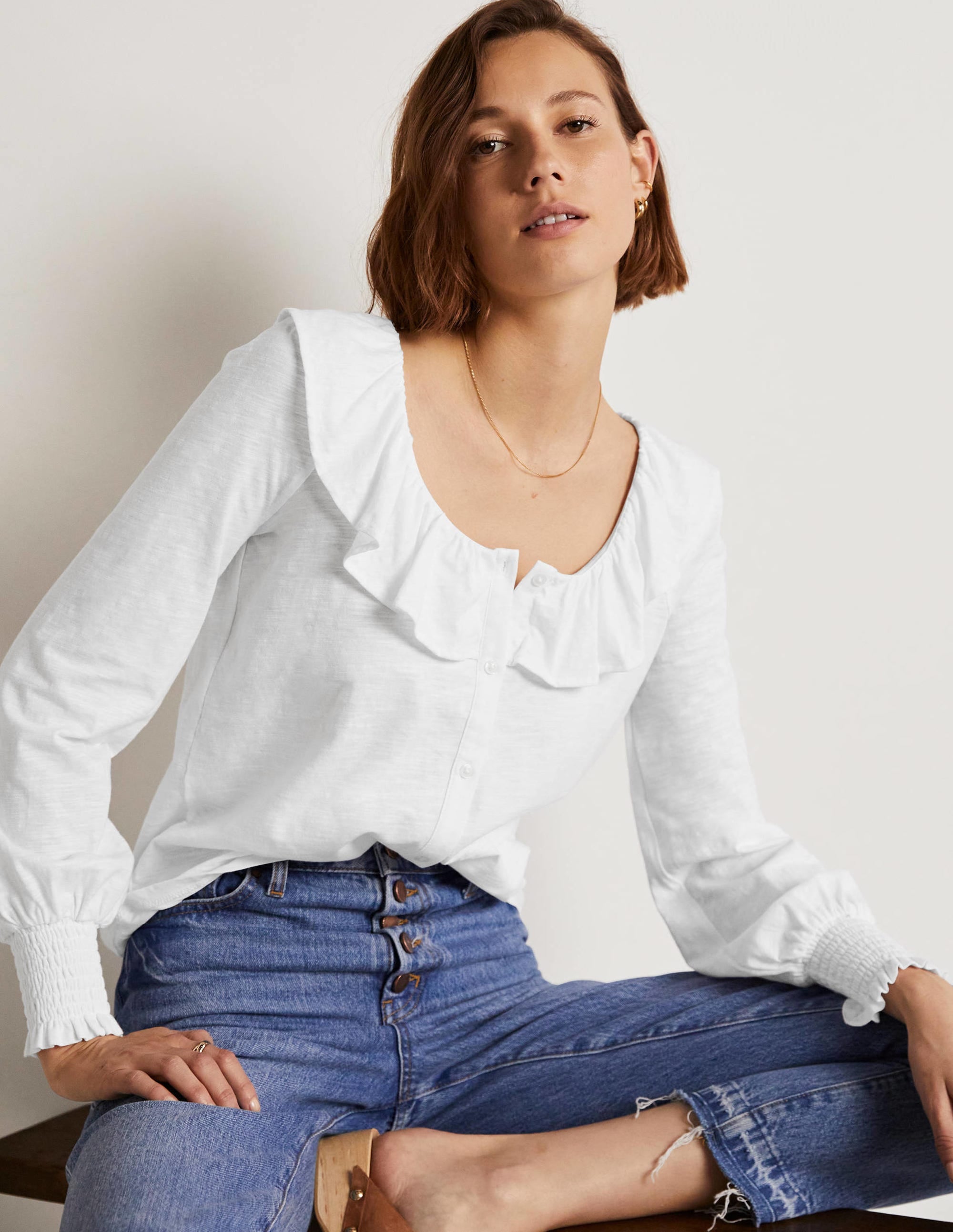 Scoop Frill Neck Jersey Top-White - Image 4