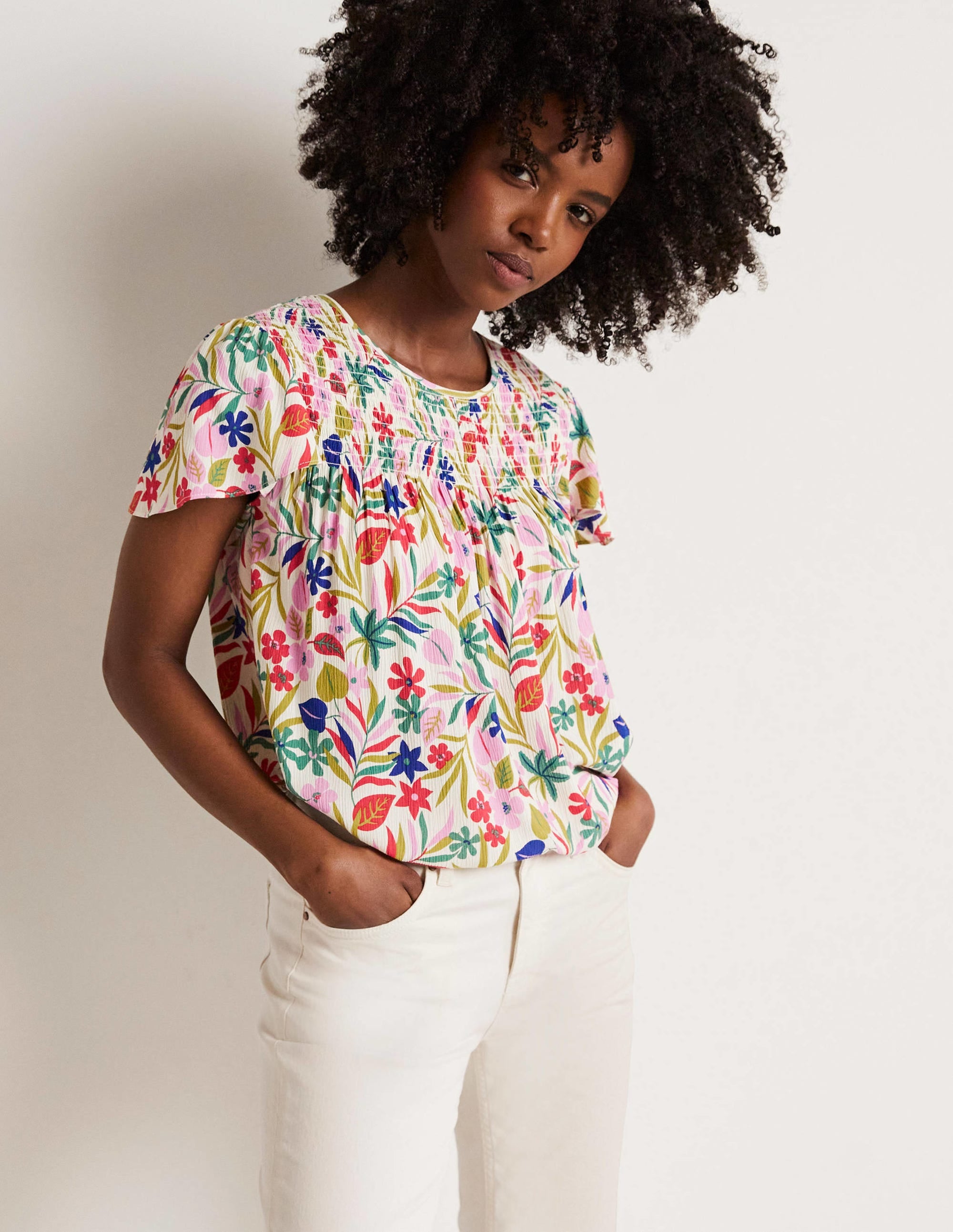 Layla Printed Smocked Top-Multi, Tropic Foliage - Image 5