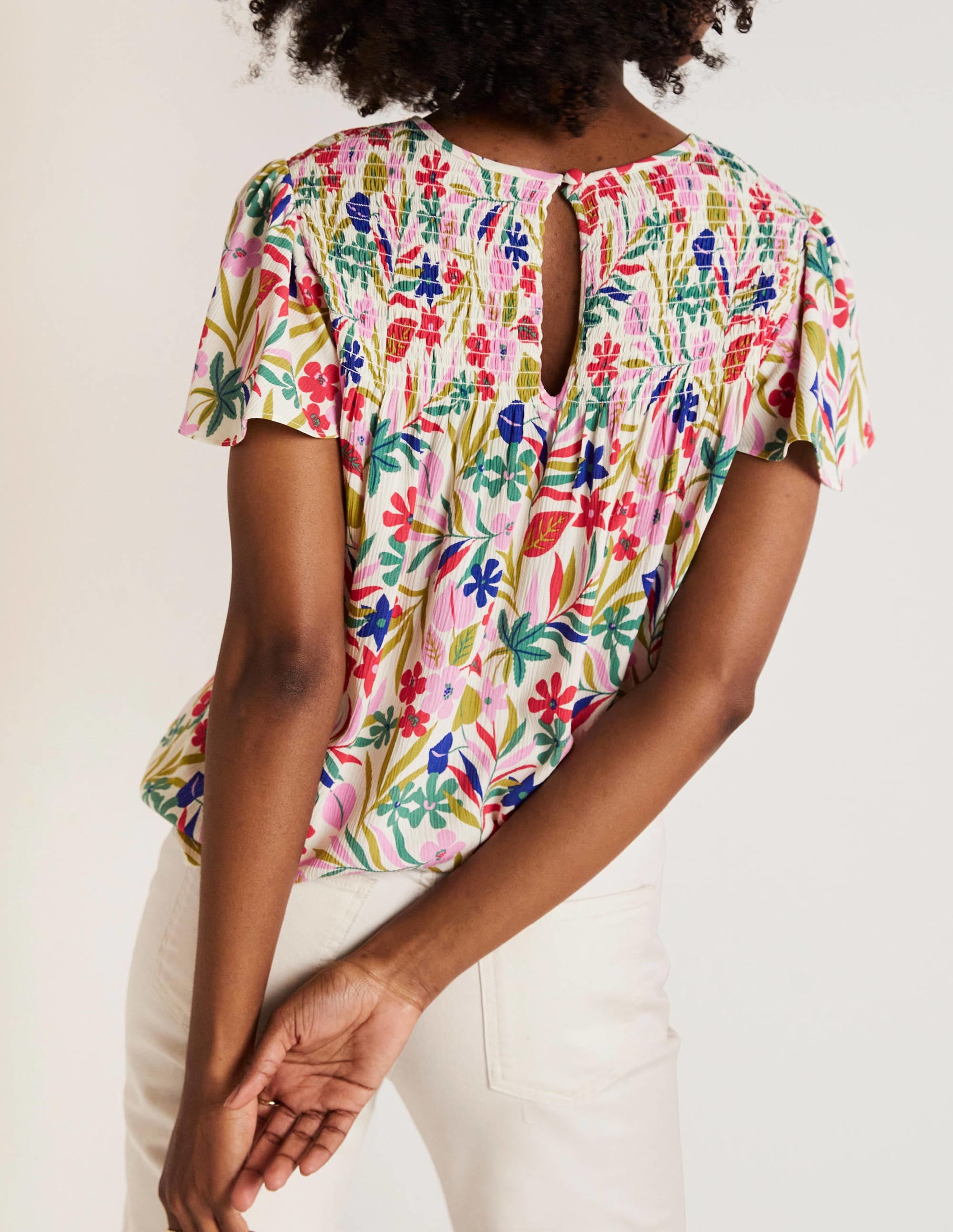 Layla Printed Smocked Top-Multi, Tropic Foliage - Image 3