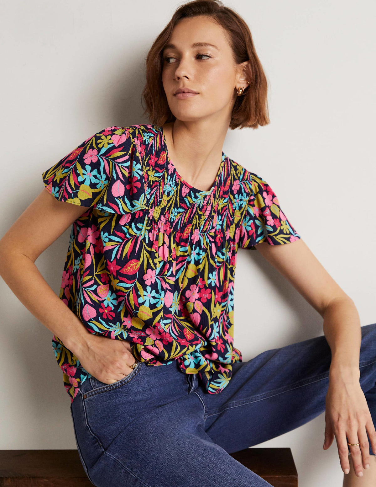Layla Printed Smocked Top-French Navy, Tropic Foliage - Image 5
