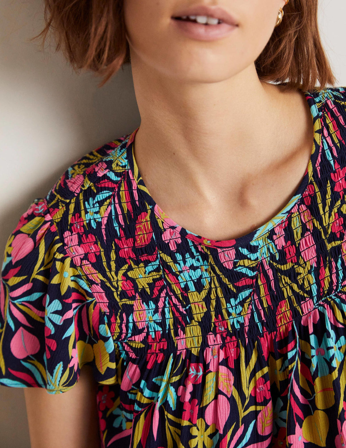 Layla Printed Smocked Top-French Navy, Tropic Foliage-6