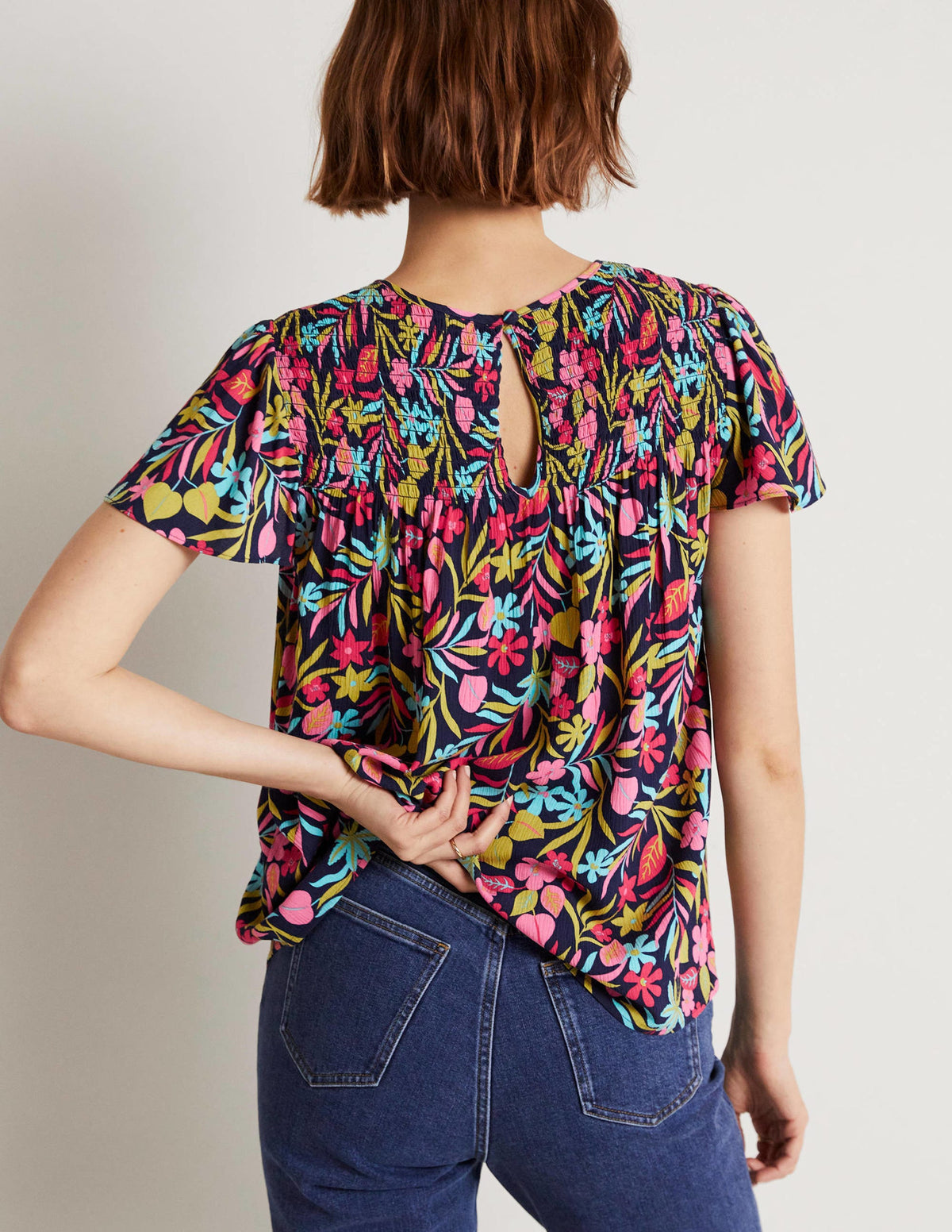 Layla Printed Smocked Top-French Navy, Tropic Foliage-3