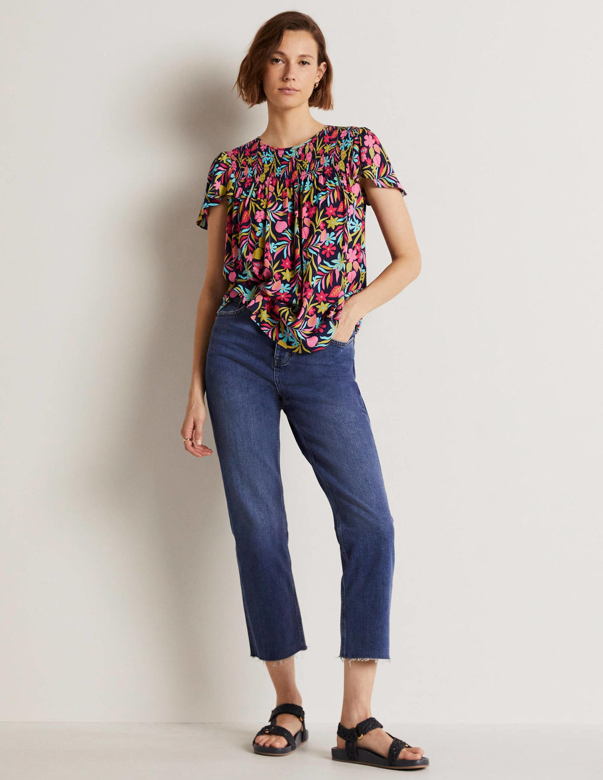 Layla Printed Smocked Top-French Navy, Tropic Foliage - Image 4
