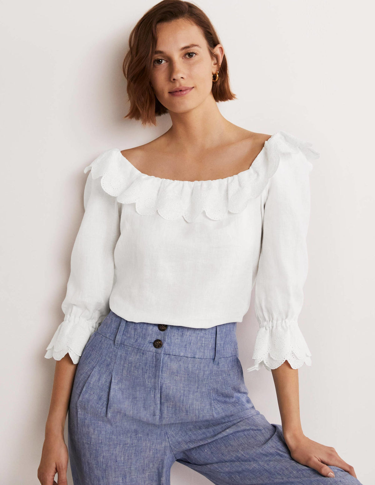 Square Neck Frill Linen Blouse-White-5