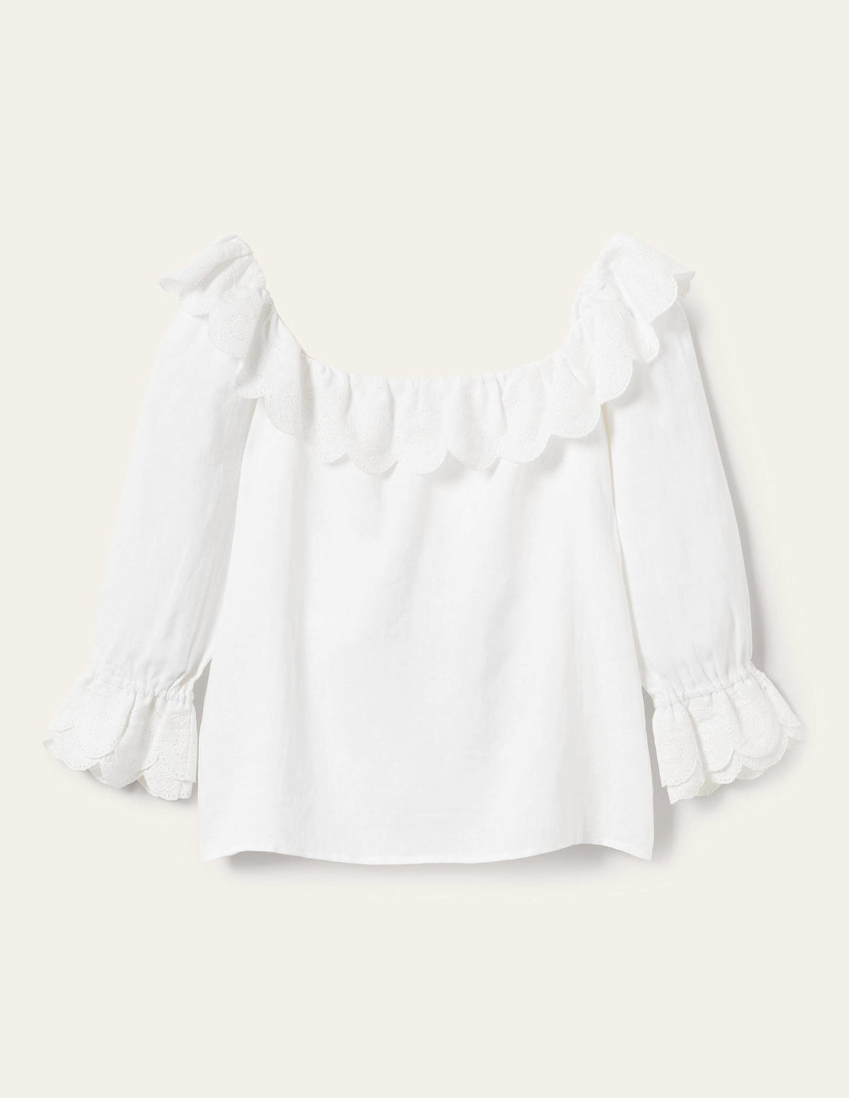 Square Neck Frill Linen Blouse-White - Image 8