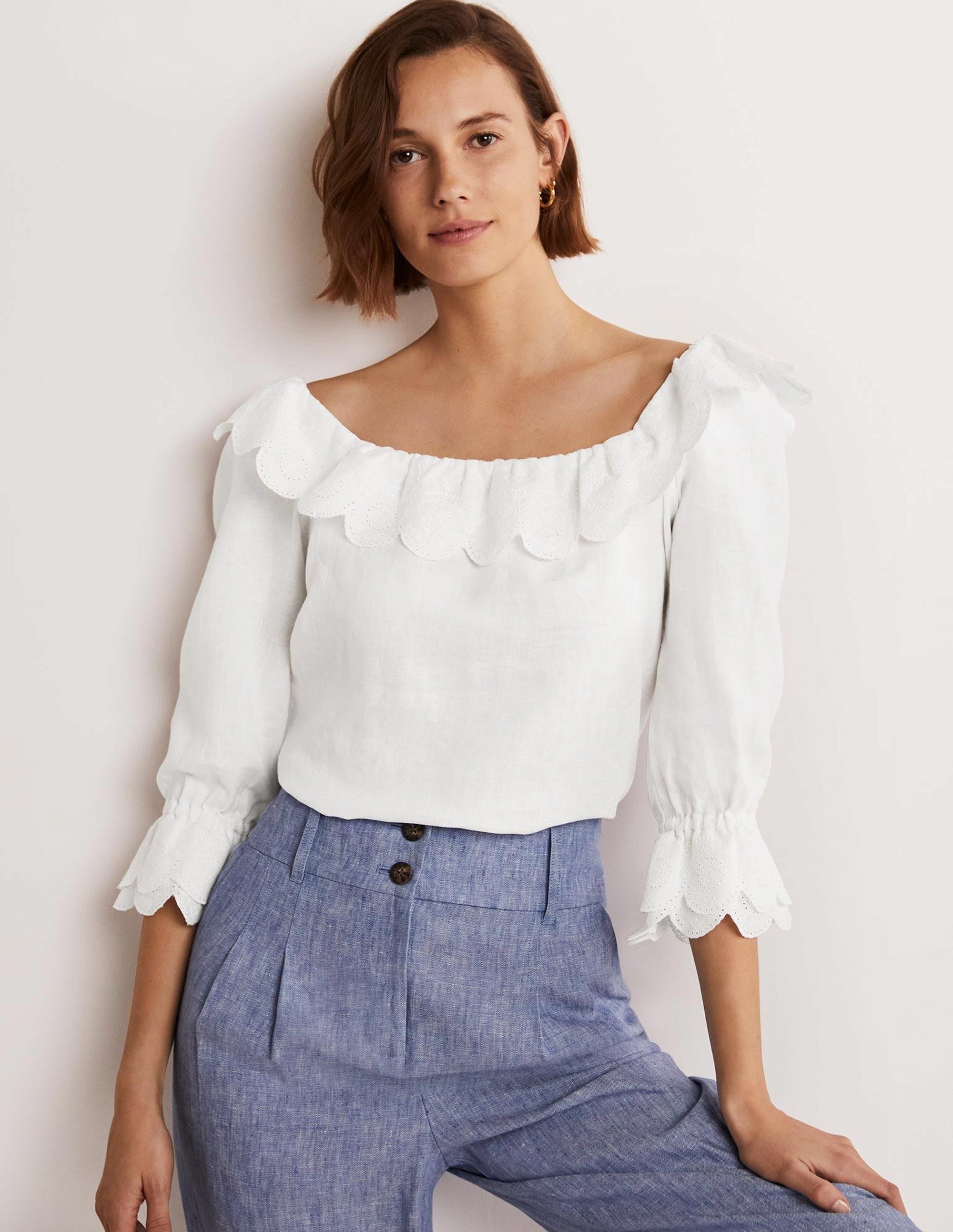 Square Neck Frill Linen Blouse-White - Image 1