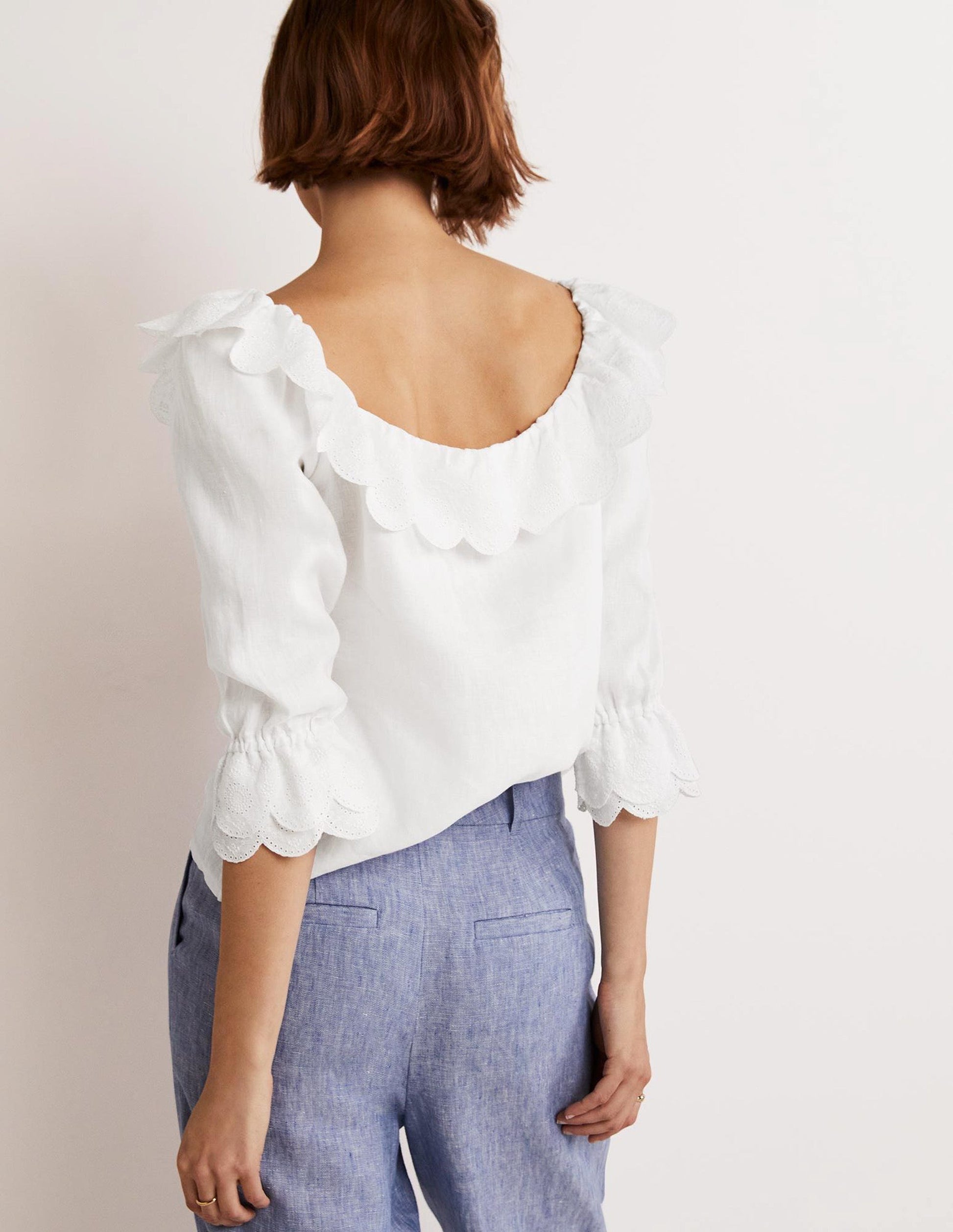 Square Neck Frill Linen Blouse-White-3