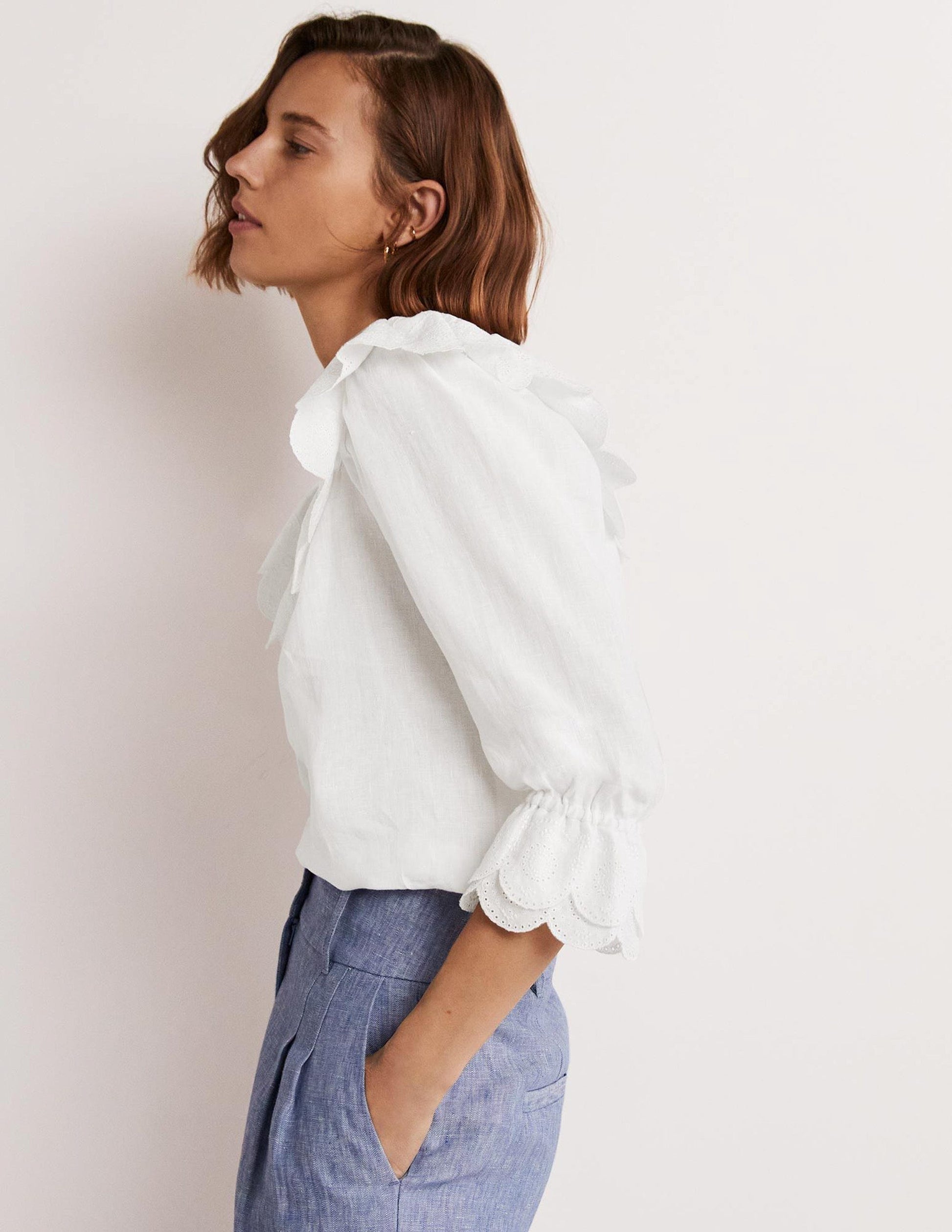 Square Neck Frill Linen Blouse-White-4