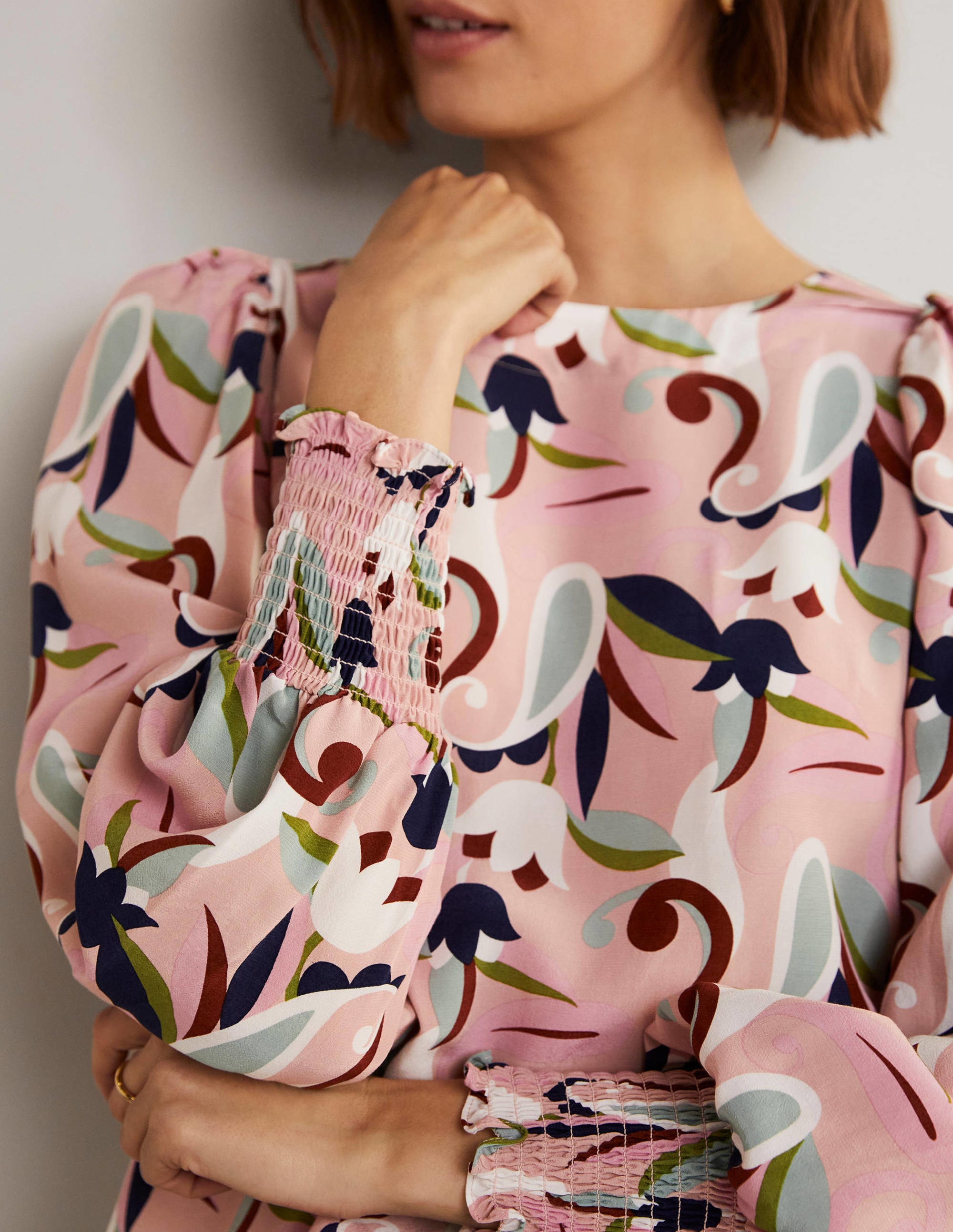 Smocked Cuff Top-Milkshake, Paisley Meadow - Image 11