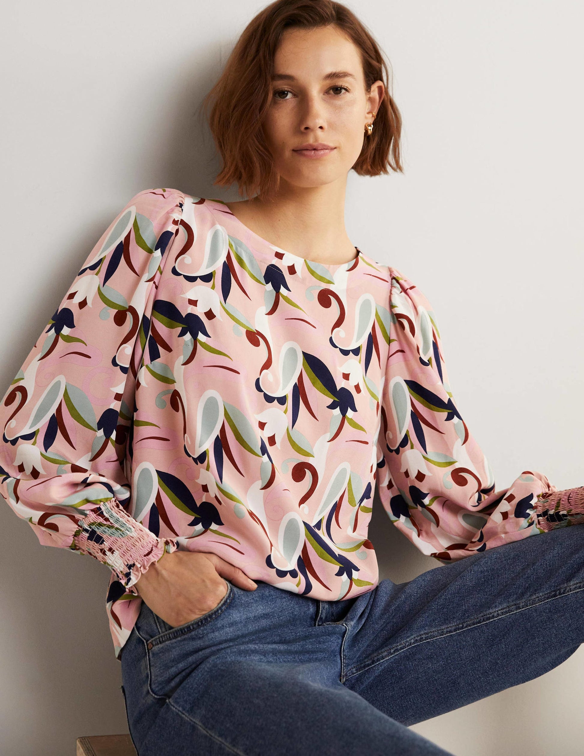 Smocked Cuff Top-Milkshake, Paisley Meadow-1