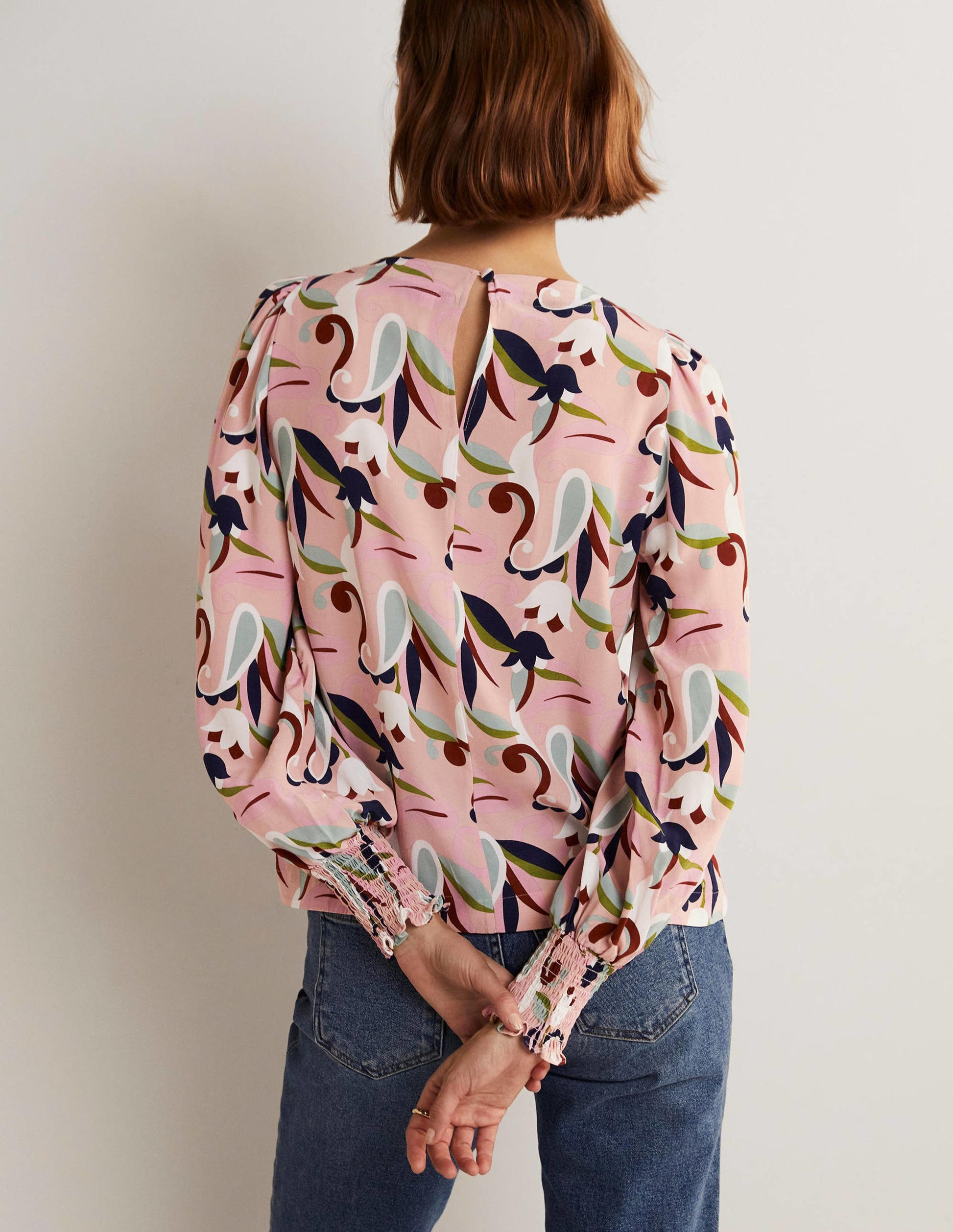 Smocked Cuff Top-Milkshake, Paisley Meadow-3