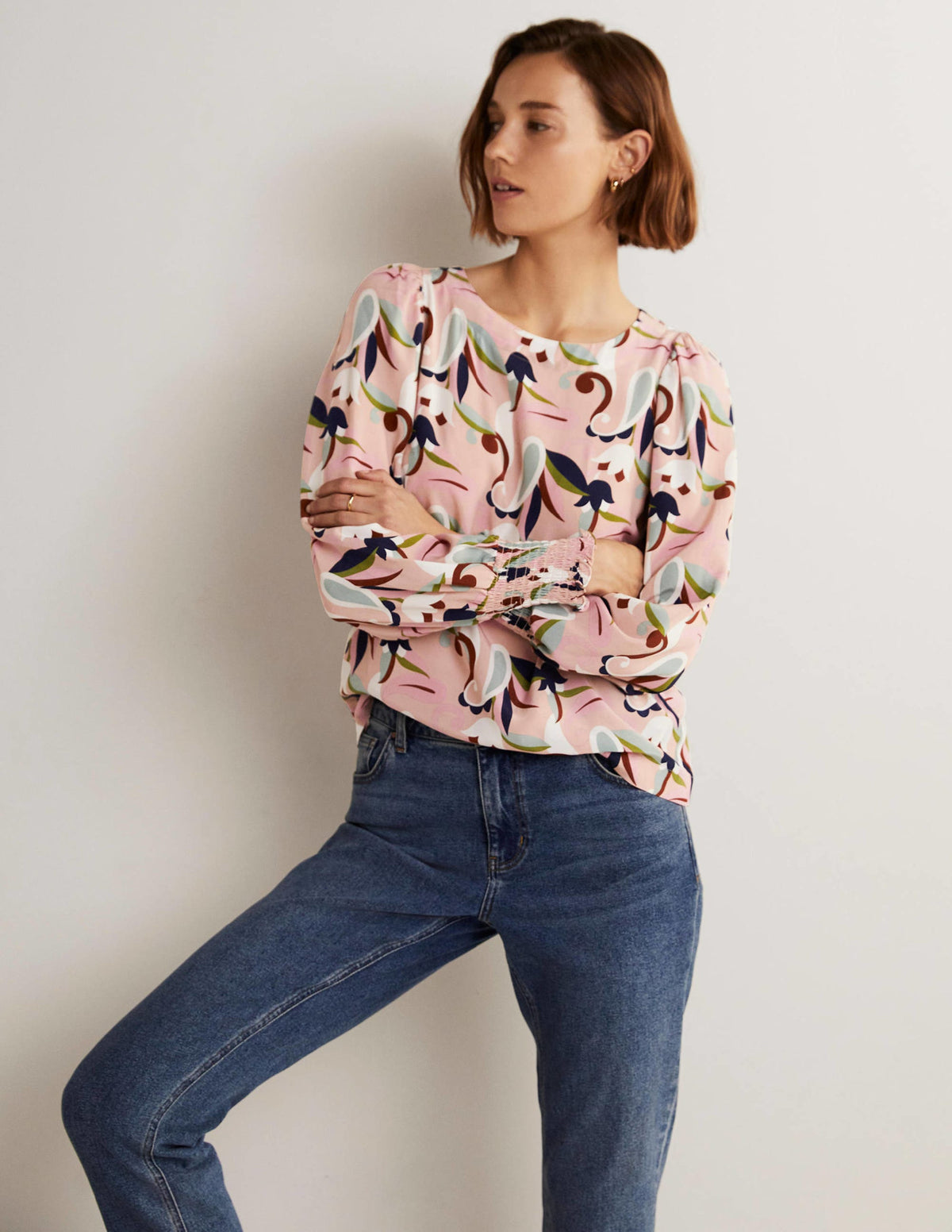 Smocked Cuff Top-Milkshake, Paisley Meadow-6