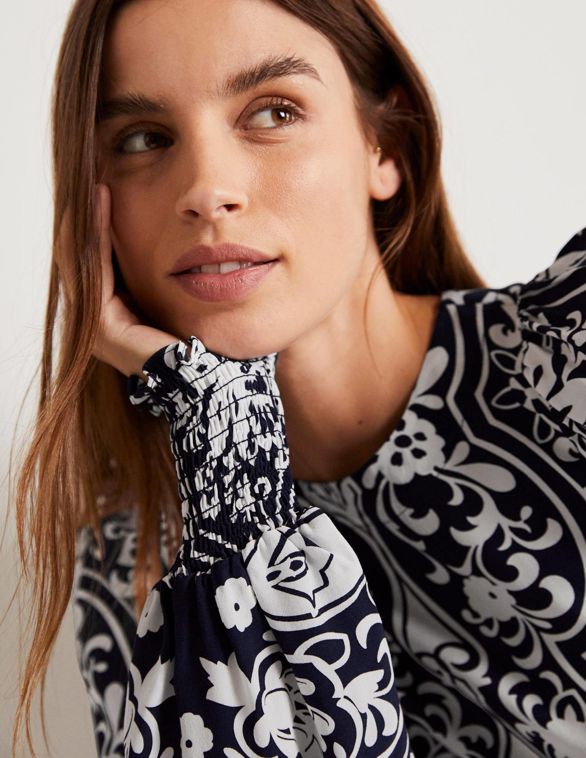 Smocked Cuff Top-French Navy, Ornate Garden-6