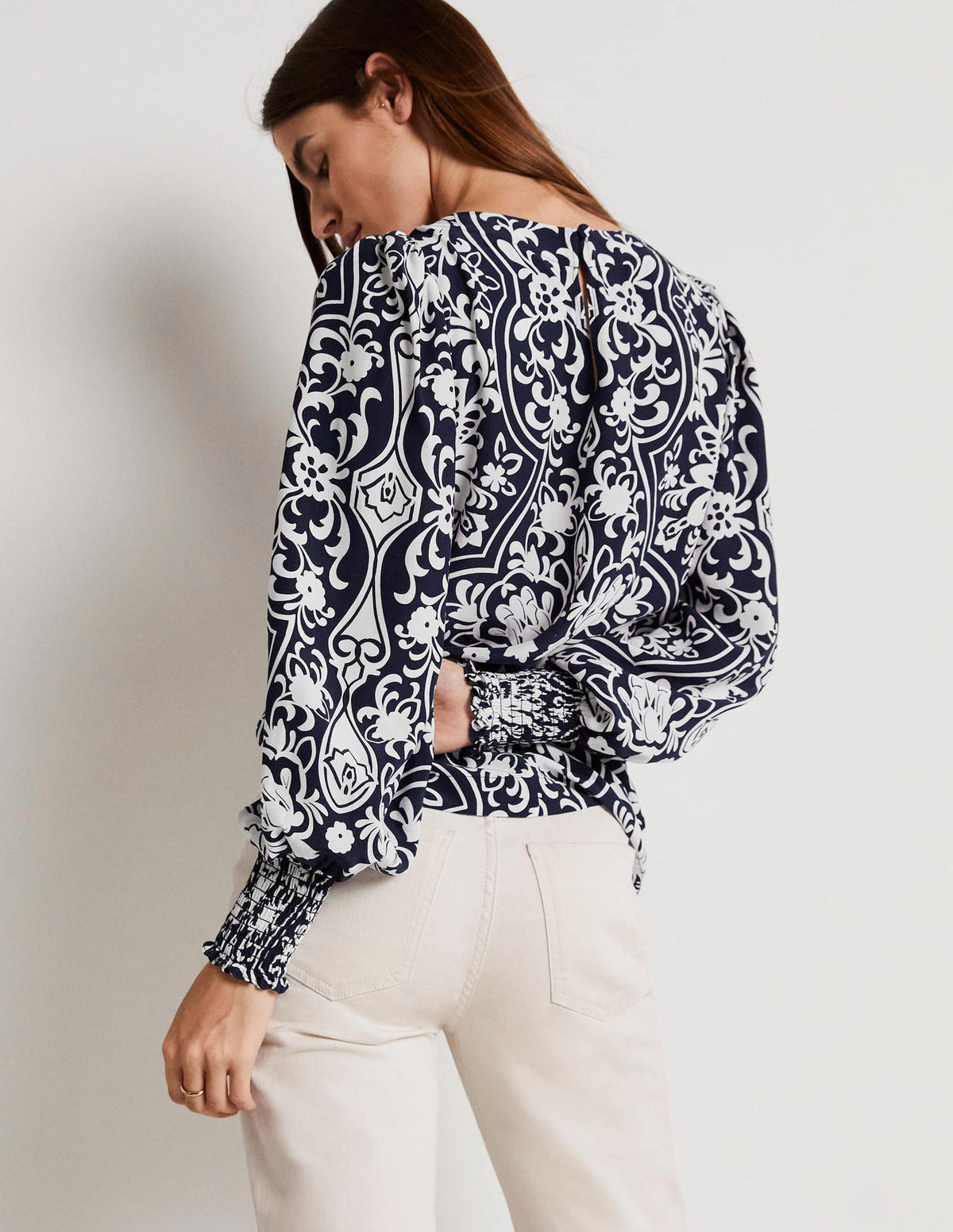 Smocked Cuff Top-French Navy, Ornate Garden - Image 7