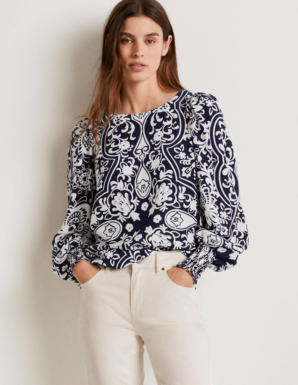 Smocked Cuff Top-French Navy, Ornate Garden-1