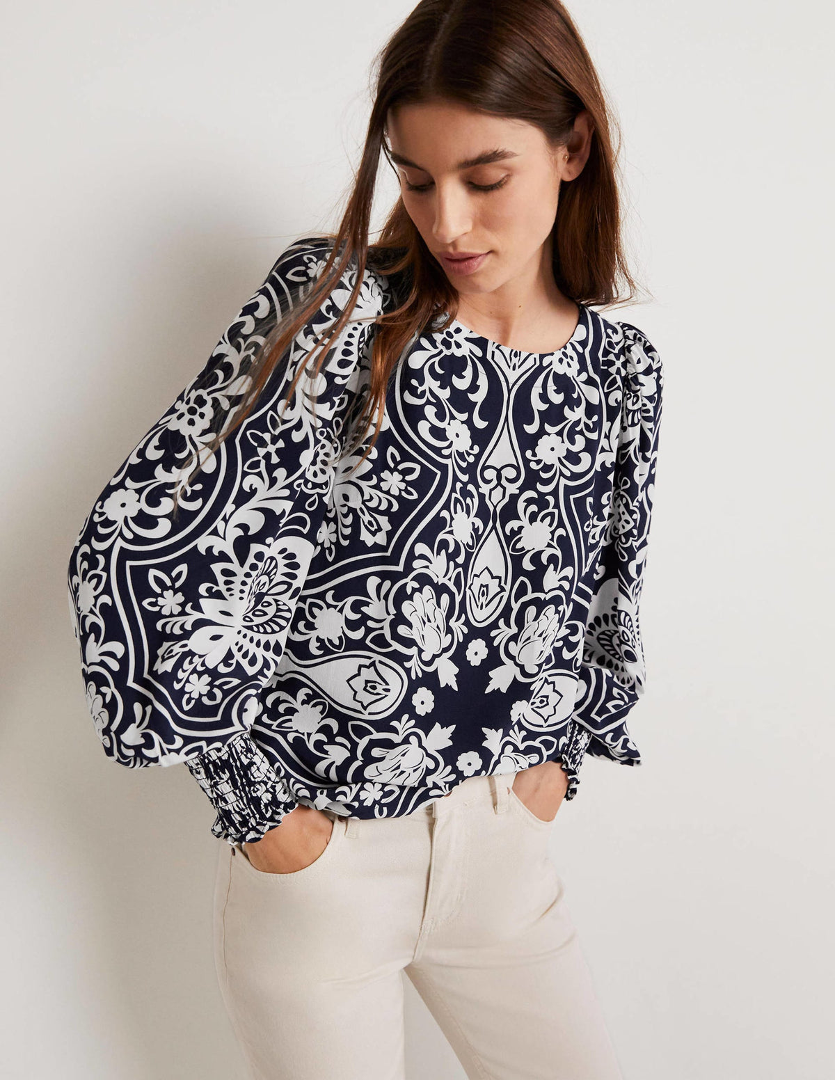 Smocked Cuff Top-French Navy, Ornate Garden-4