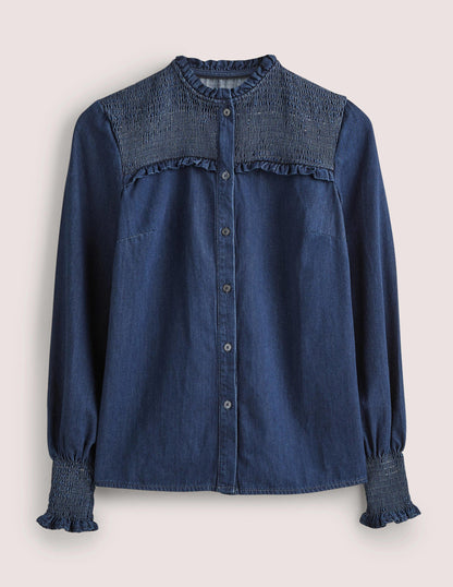 Smocked High Neck Shirt-Denim-6