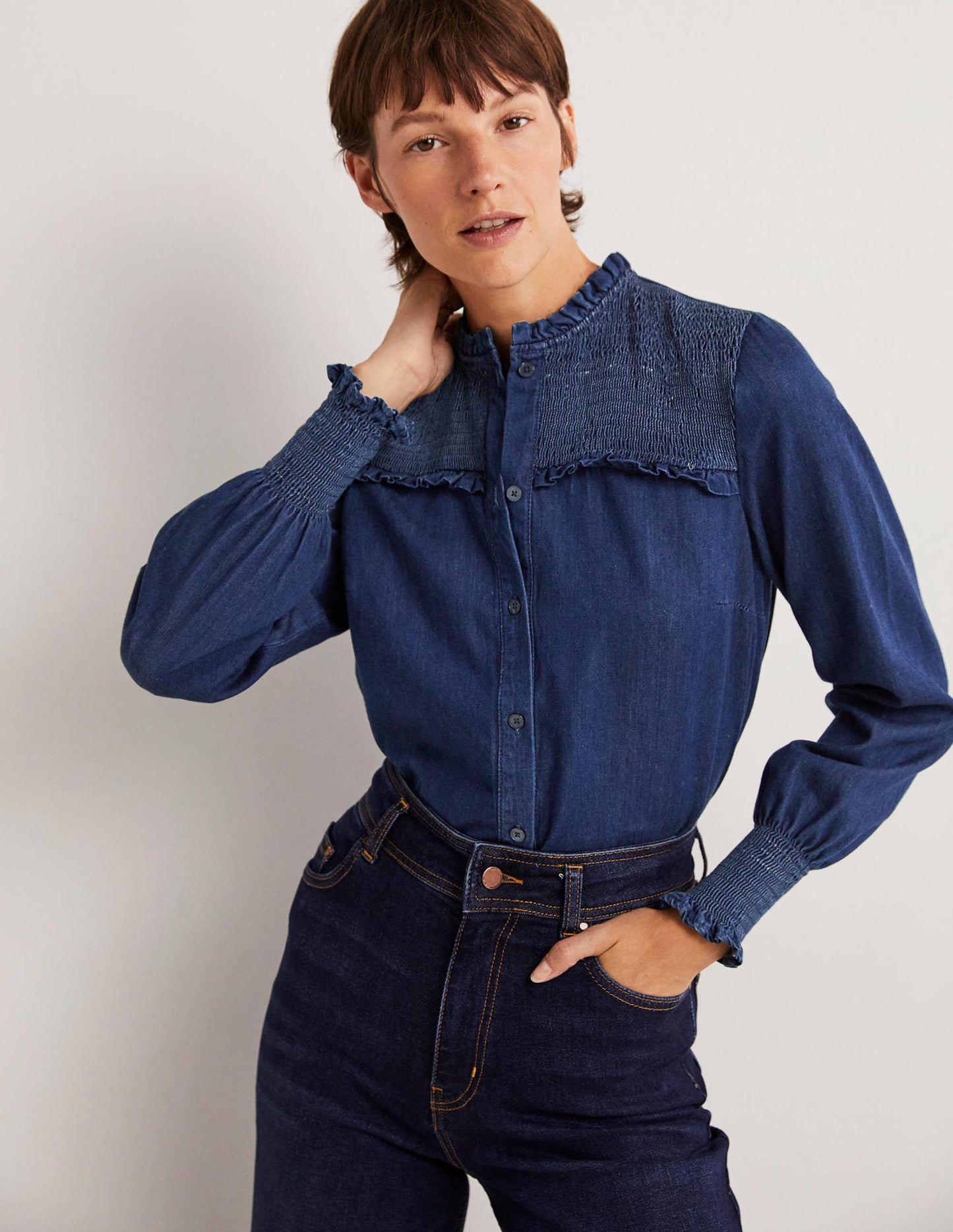 Smocked High Neck Shirt-Denim