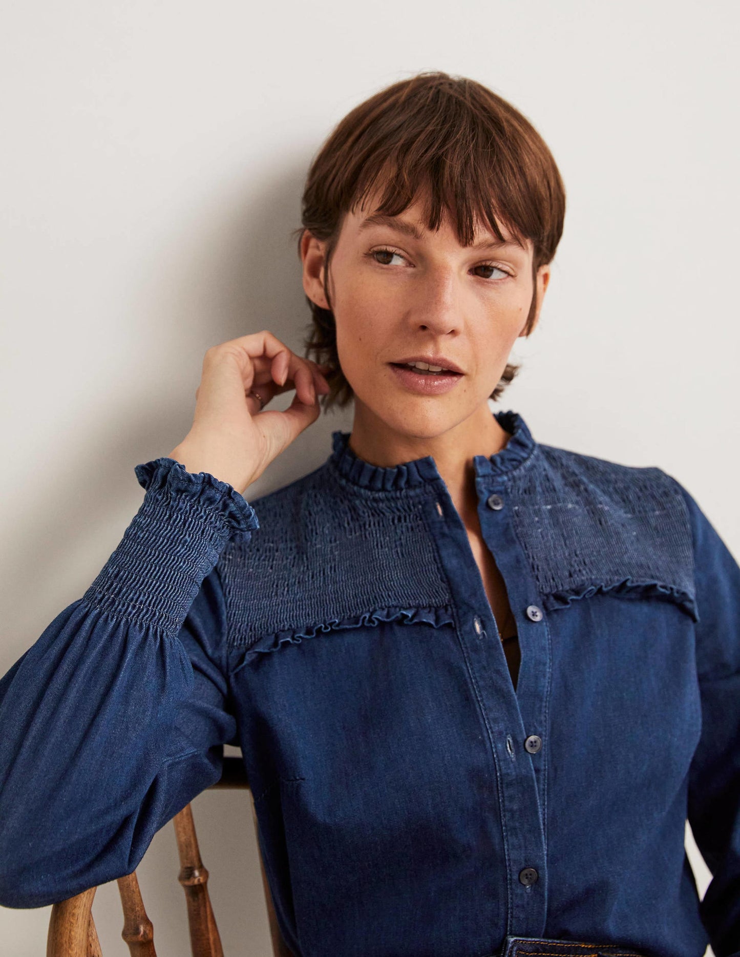 Smocked High Neck Shirt-Denim