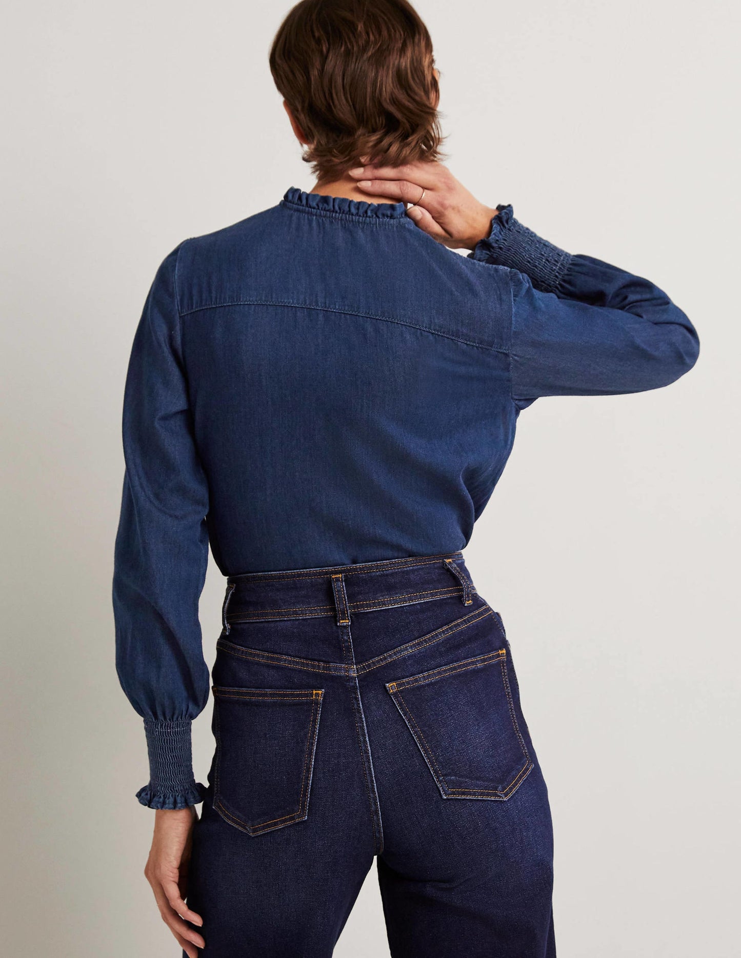 Smocked High Neck Shirt-Denim