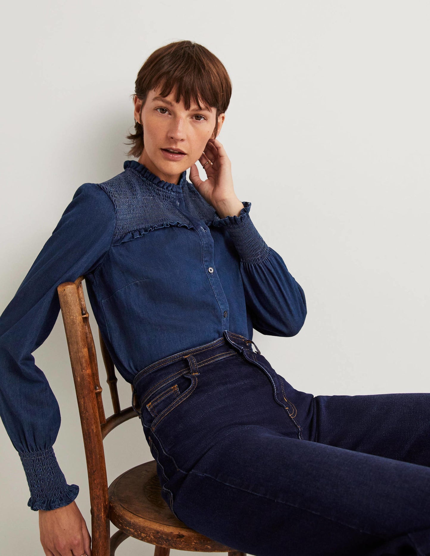 Smocked High Neck Shirt-Denim