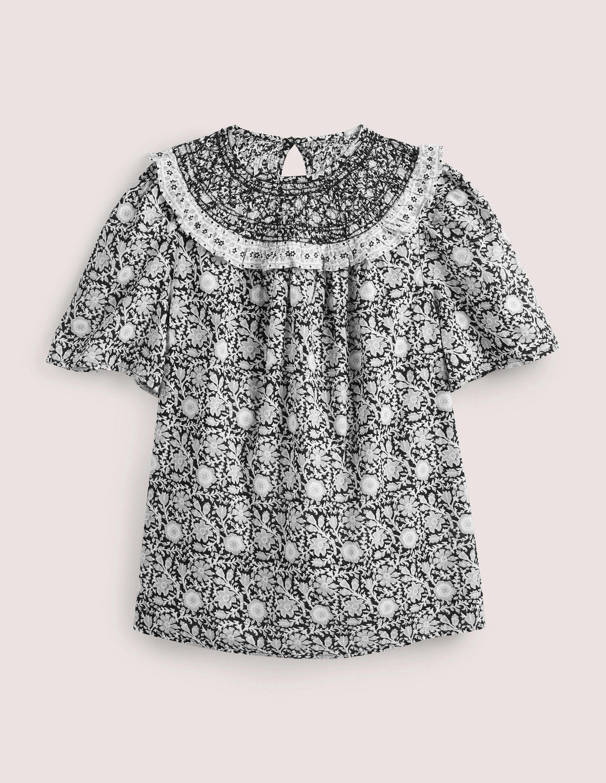 Smocked Neck Printed Top-Black, Enchanting Twig-5