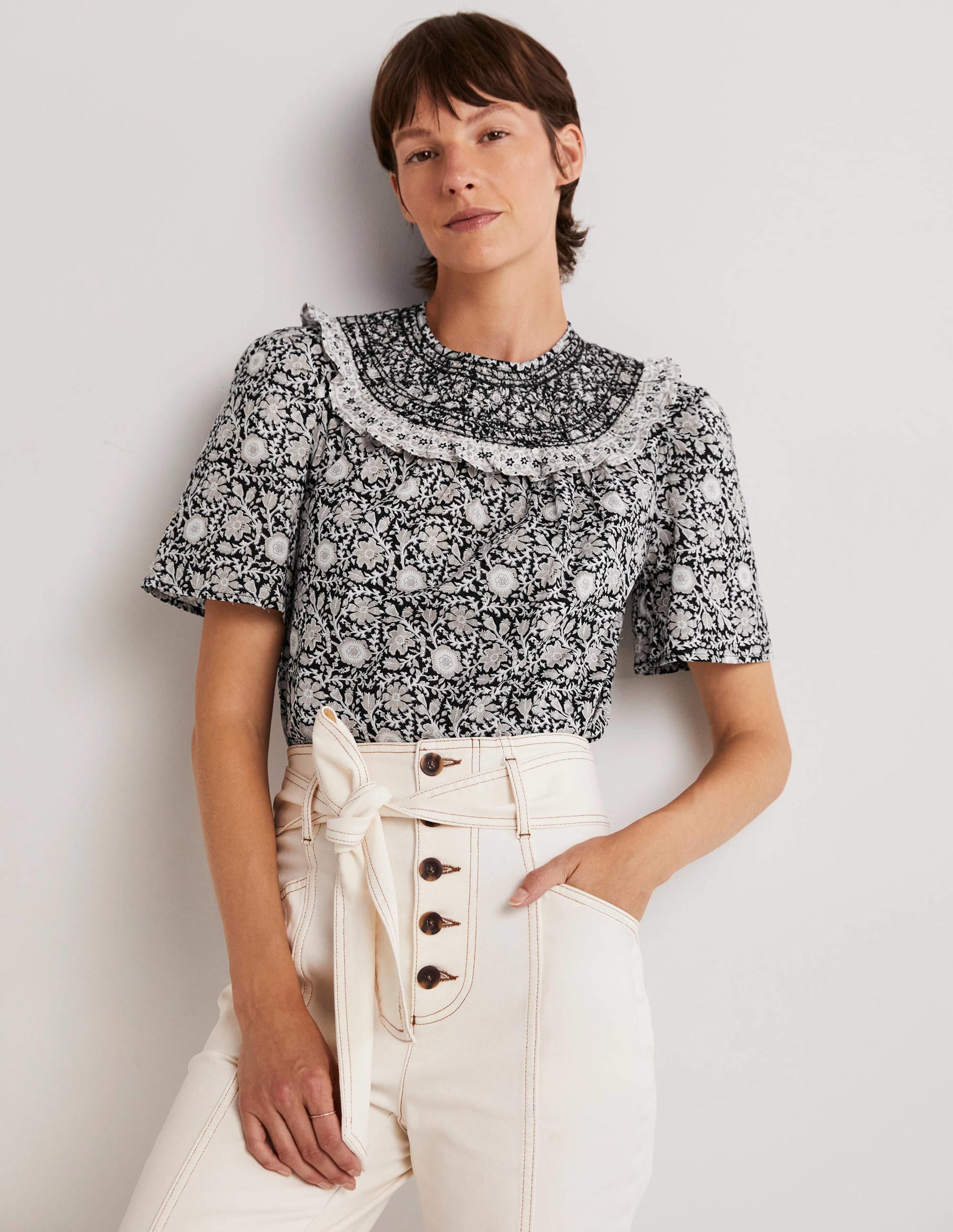 Smocked Neck Printed Top-Black, Enchanting Twig - Image 1